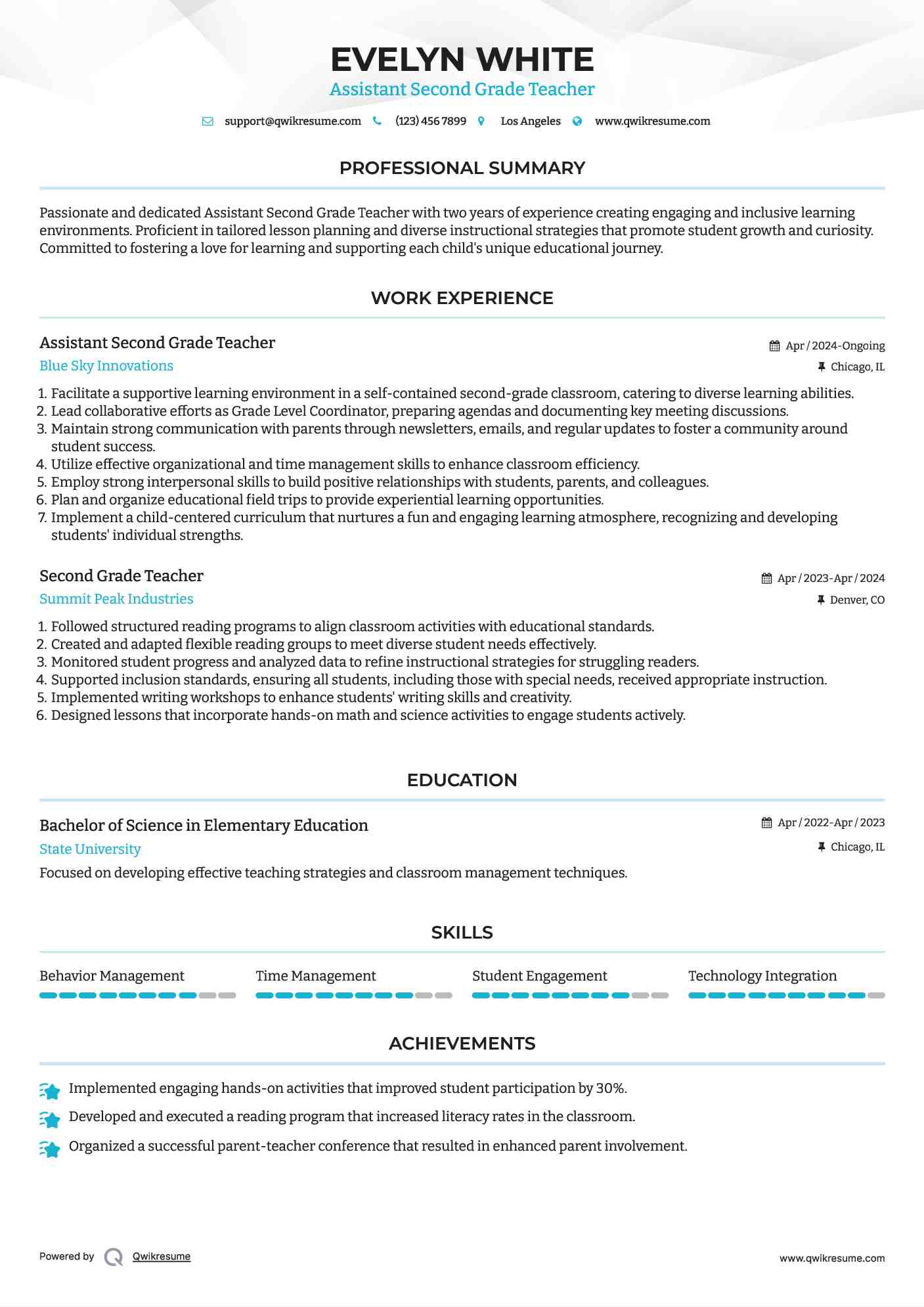 sample resume for 2nd grade teacher