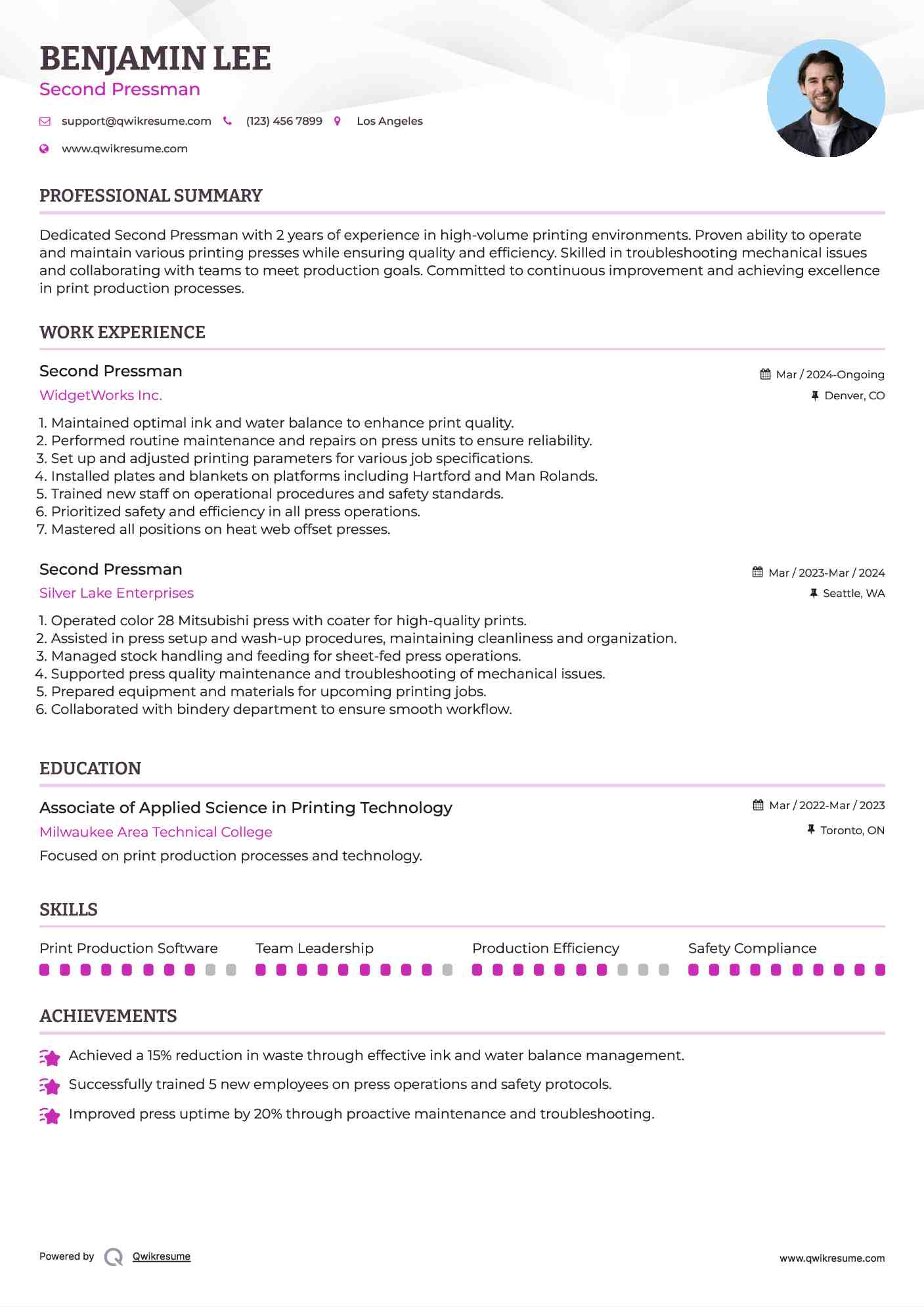 Second Pressman Resume Sample