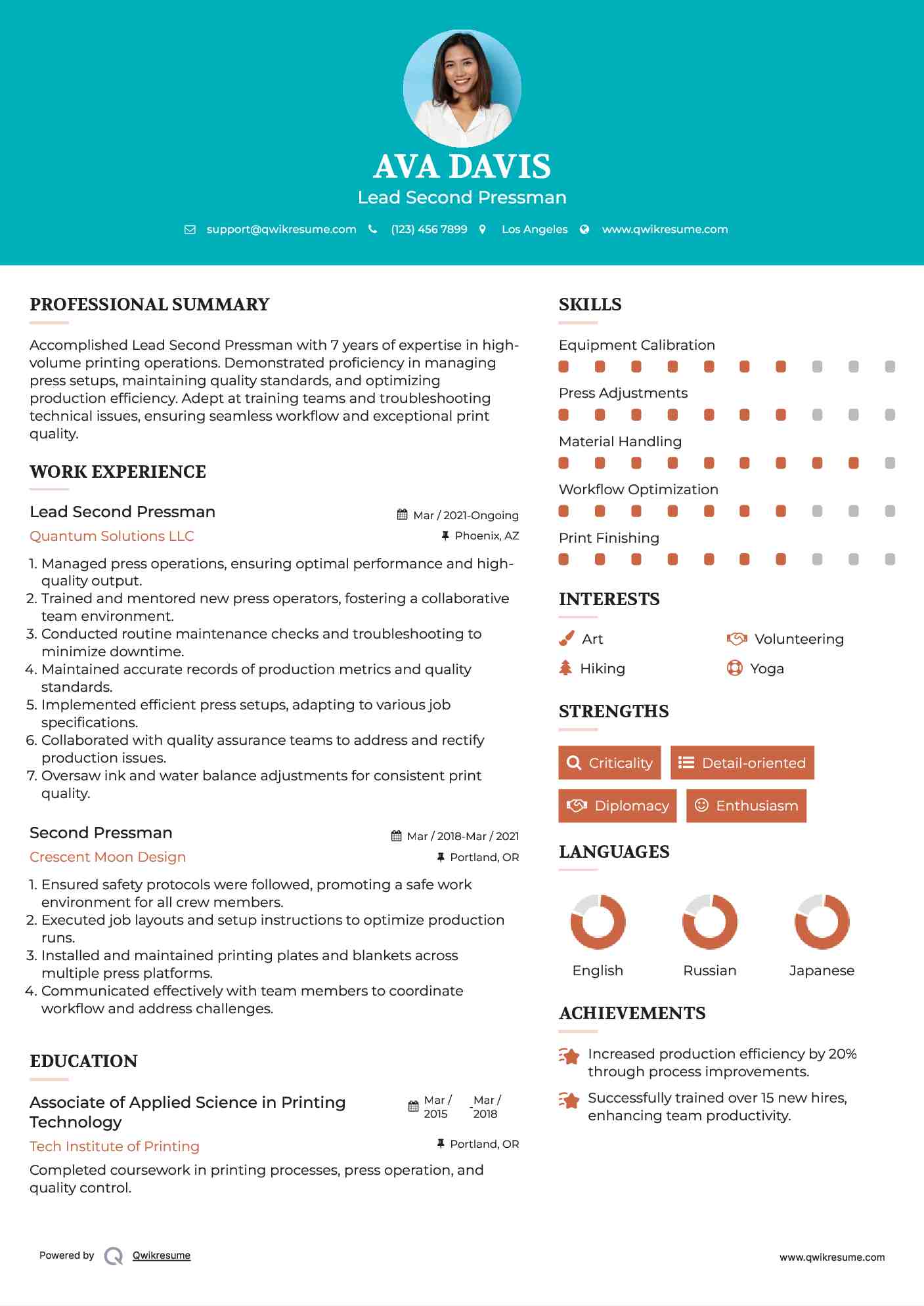 Lead Second Pressman Resume Format