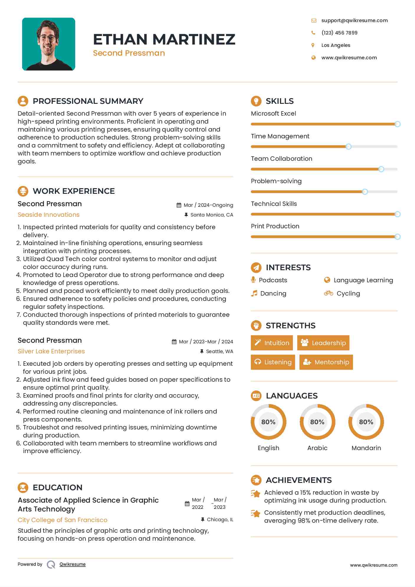 Second Pressman Resume Sample