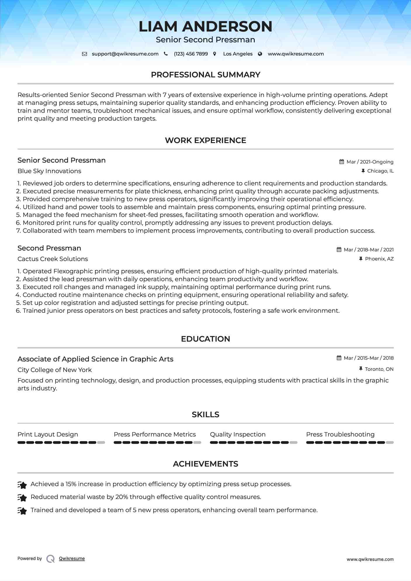 Senior Second Pressman  Resume Template