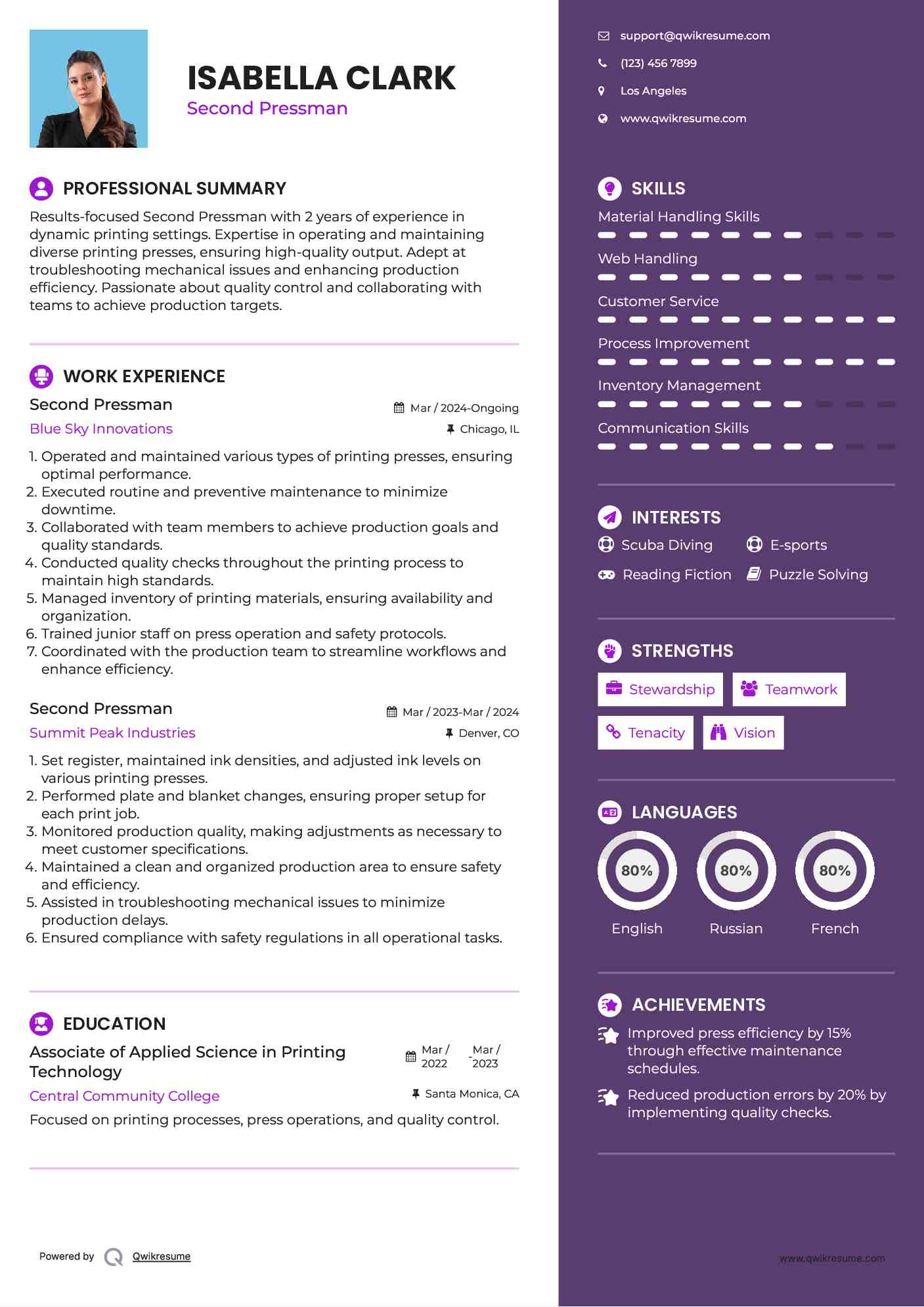 Second Pressman Resume Example
