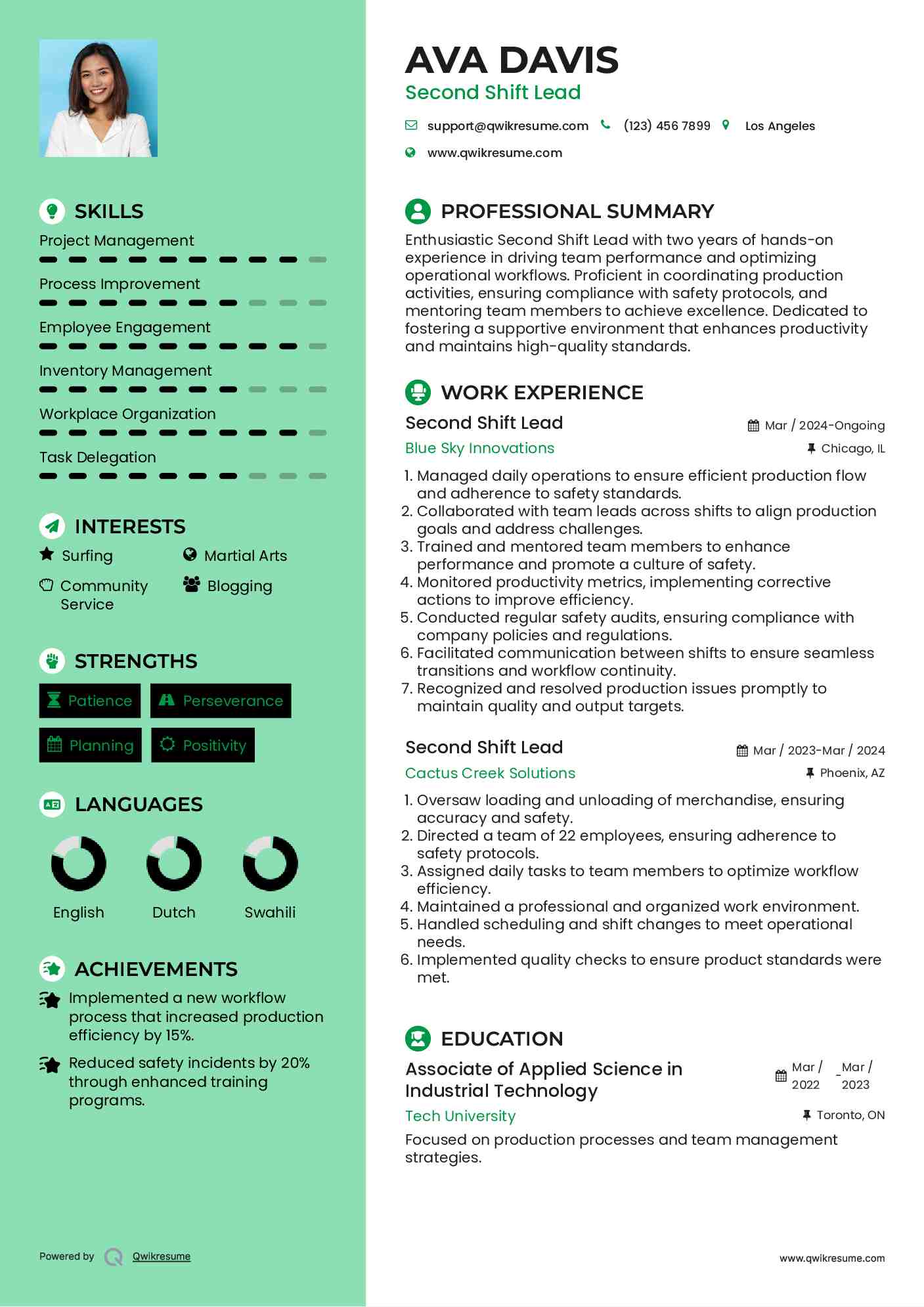 Second Shift Lead Resume Example