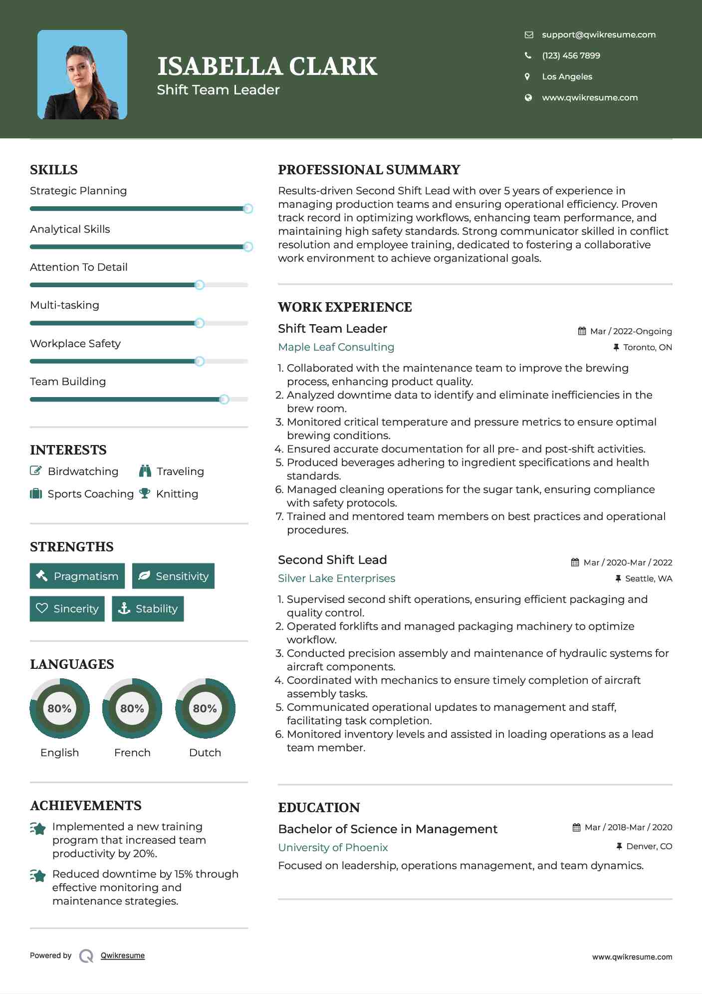 Shift Team Leader Resume Model