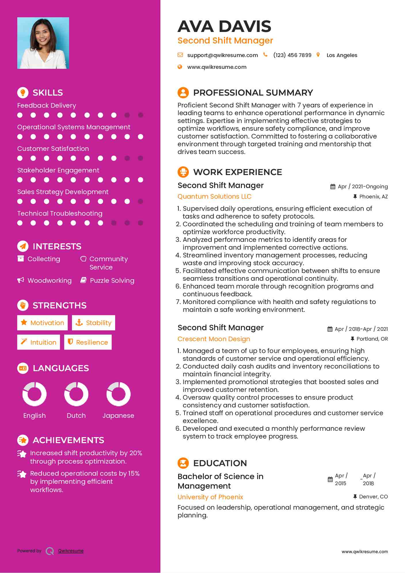 Second Shift Manager Resume Format