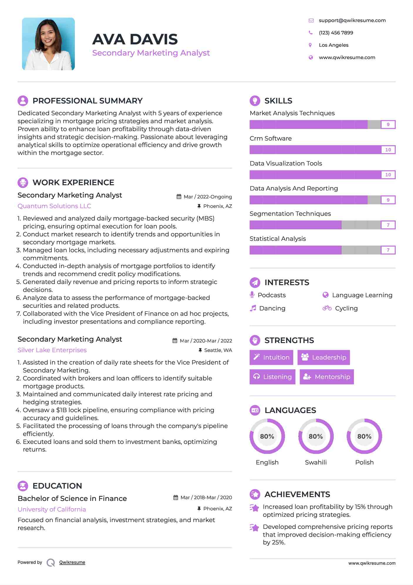 Secondary Marketing Analyst Resume Example