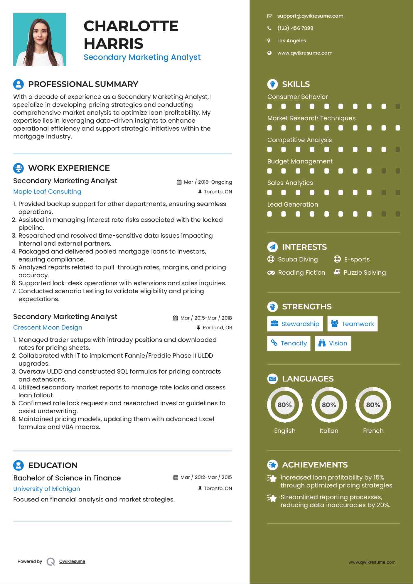 Secondary Marketing Analyst Resume Example