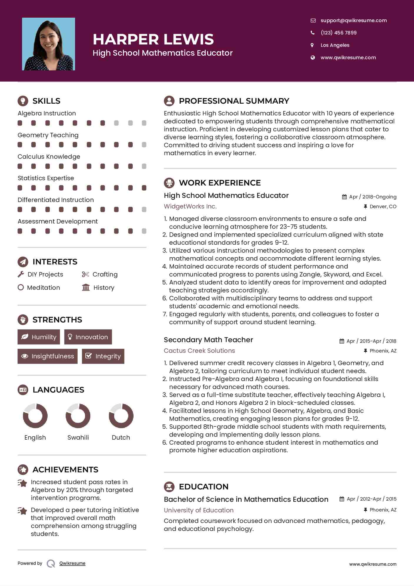 High School Mathematics Educator Resume Example
