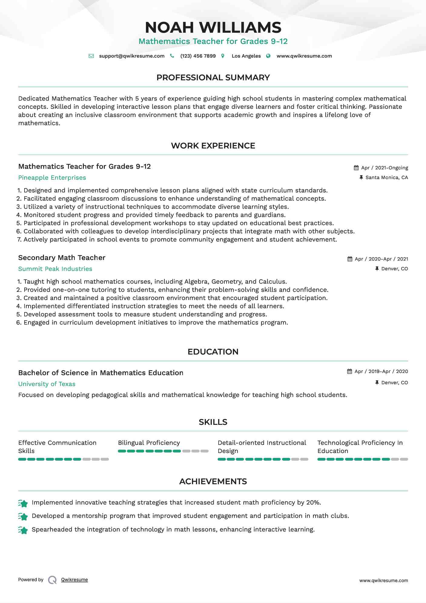 Mathematics Teacher for Grades 9-12 Resume Format