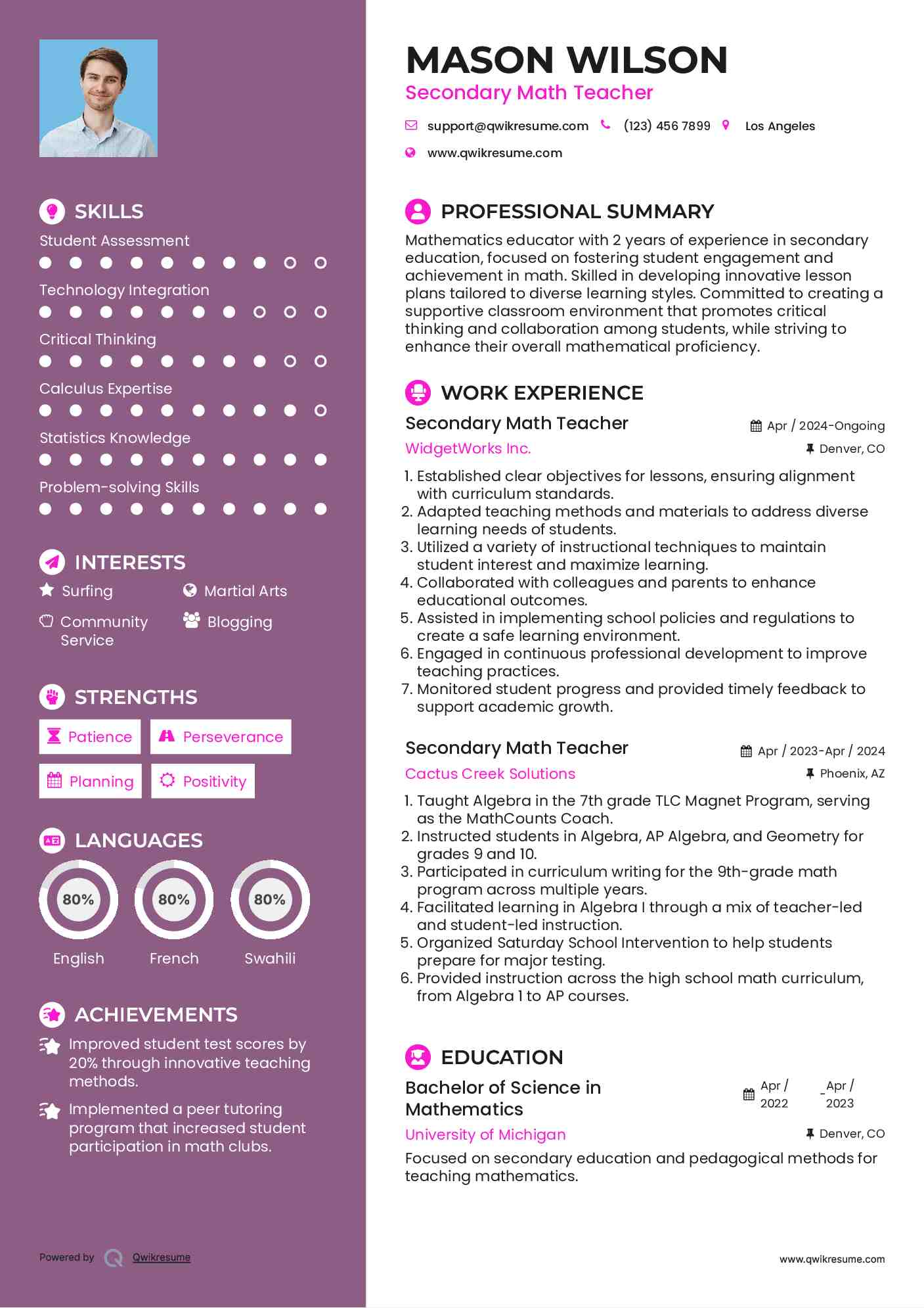 Secondary Math Teacher Resume Sample