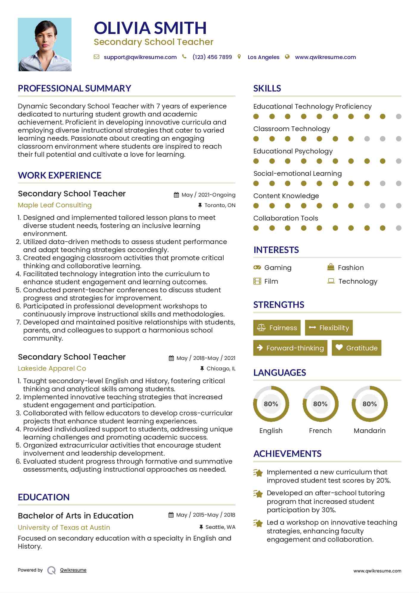 Secondary School Teacher Resume Example