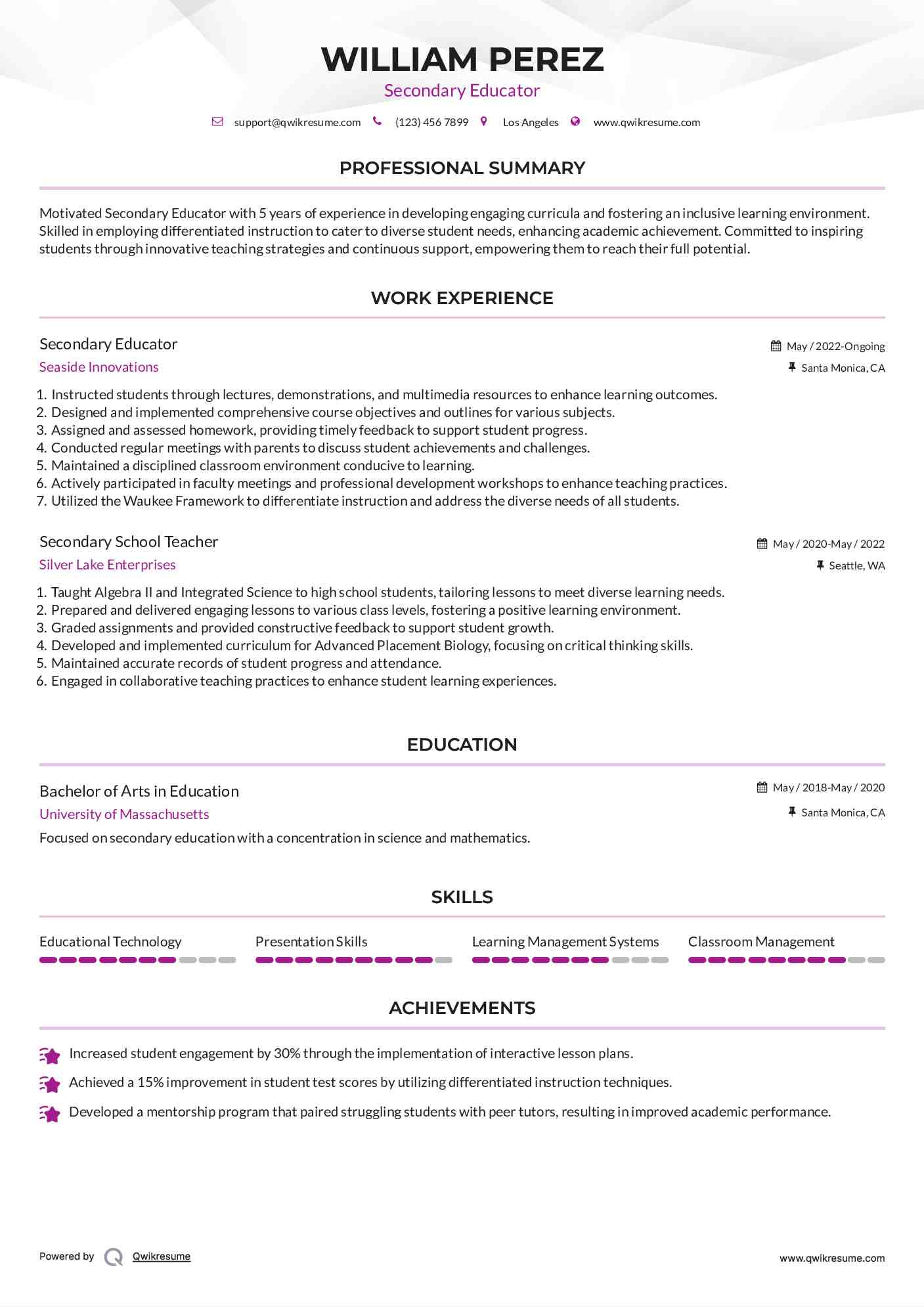 Secondary Educator Resume Format