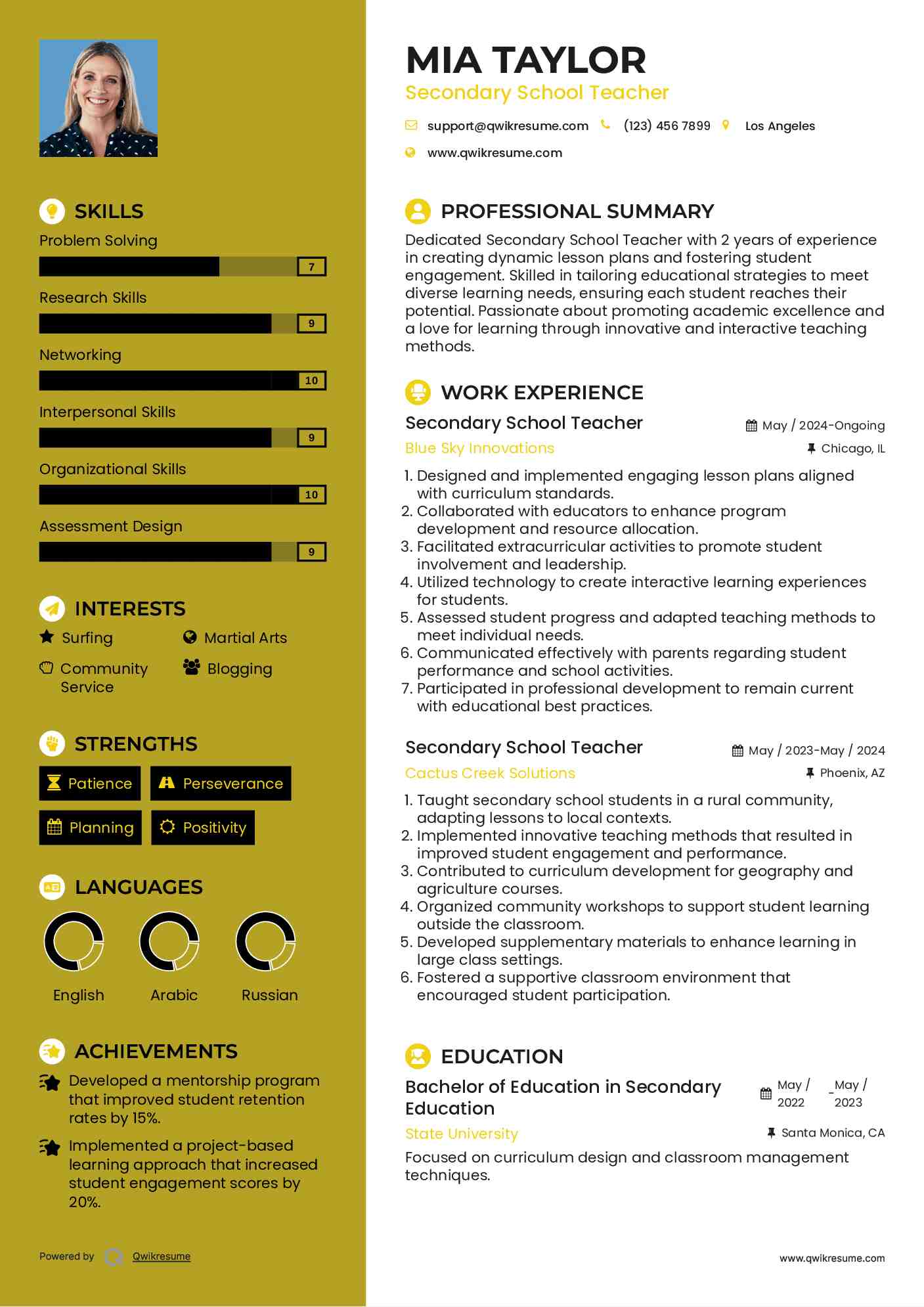 Secondary School Teacher Resume Example