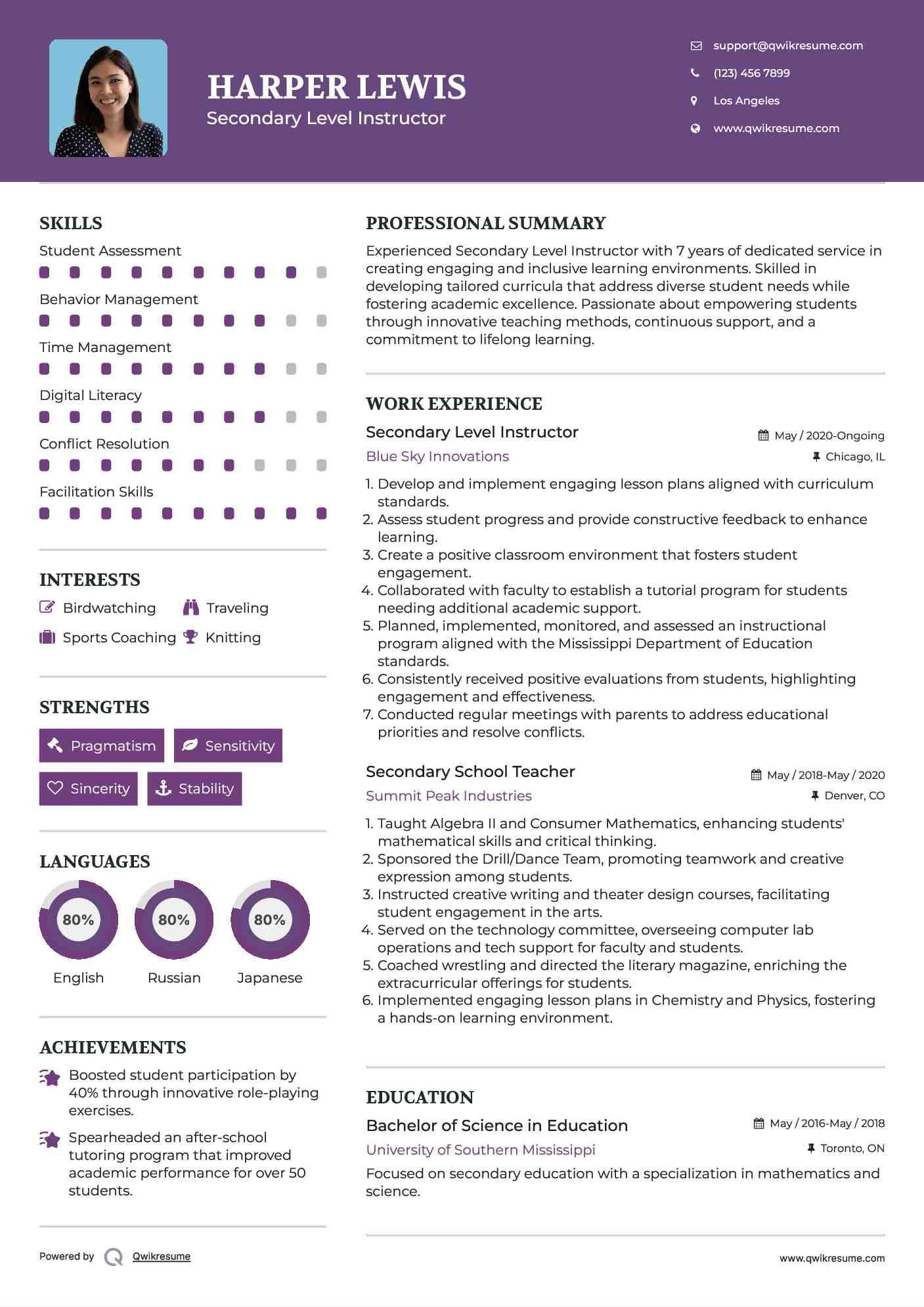 Secondary Level Instructor Resume Sample