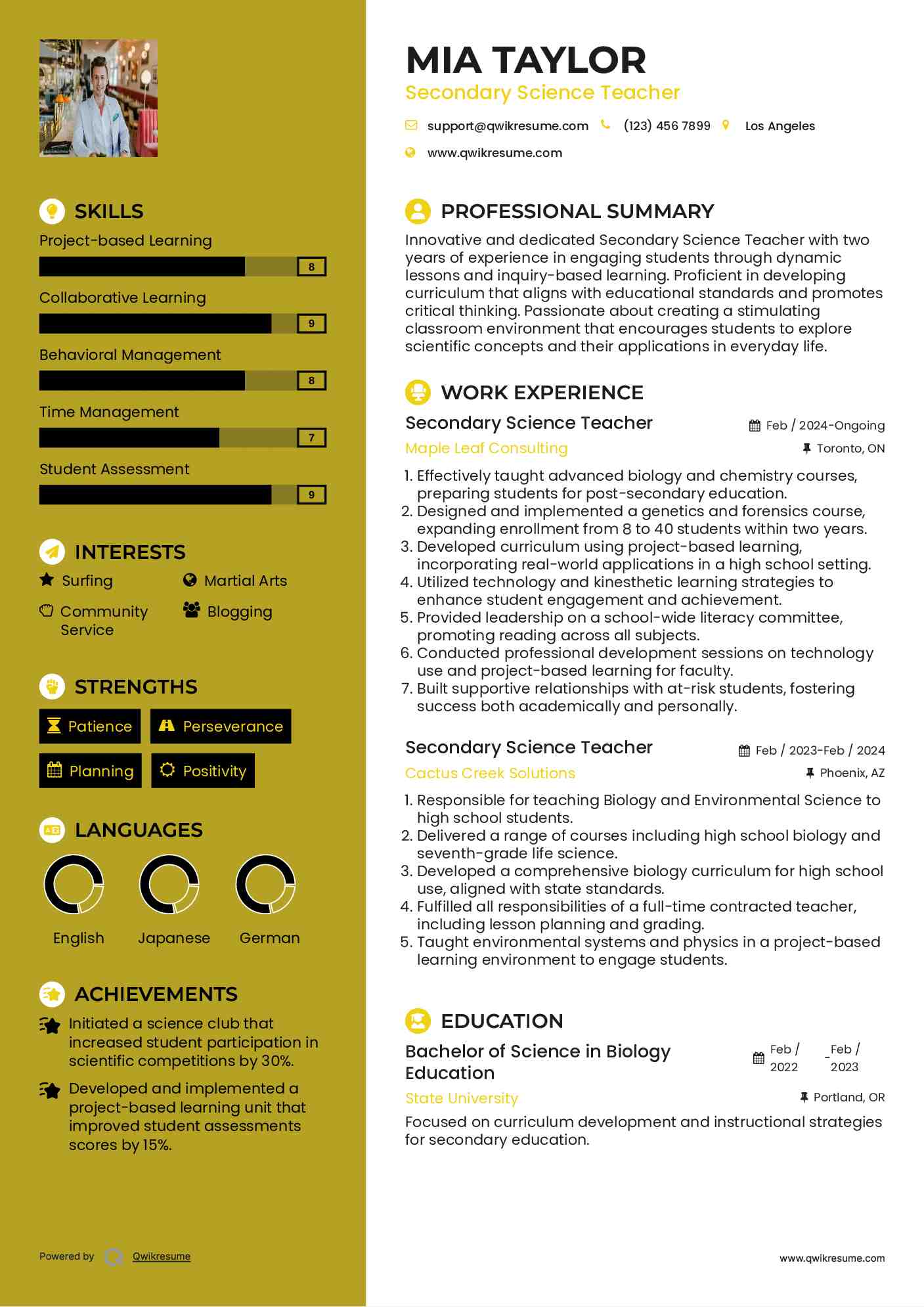 Secondary Science Teacher Resume Example