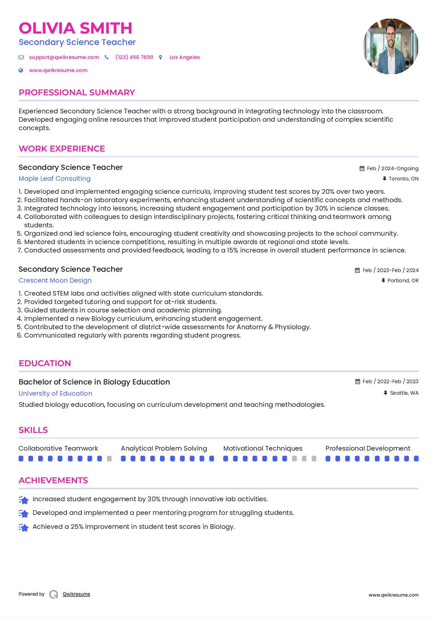 Secondary Science Teacher Resume Example