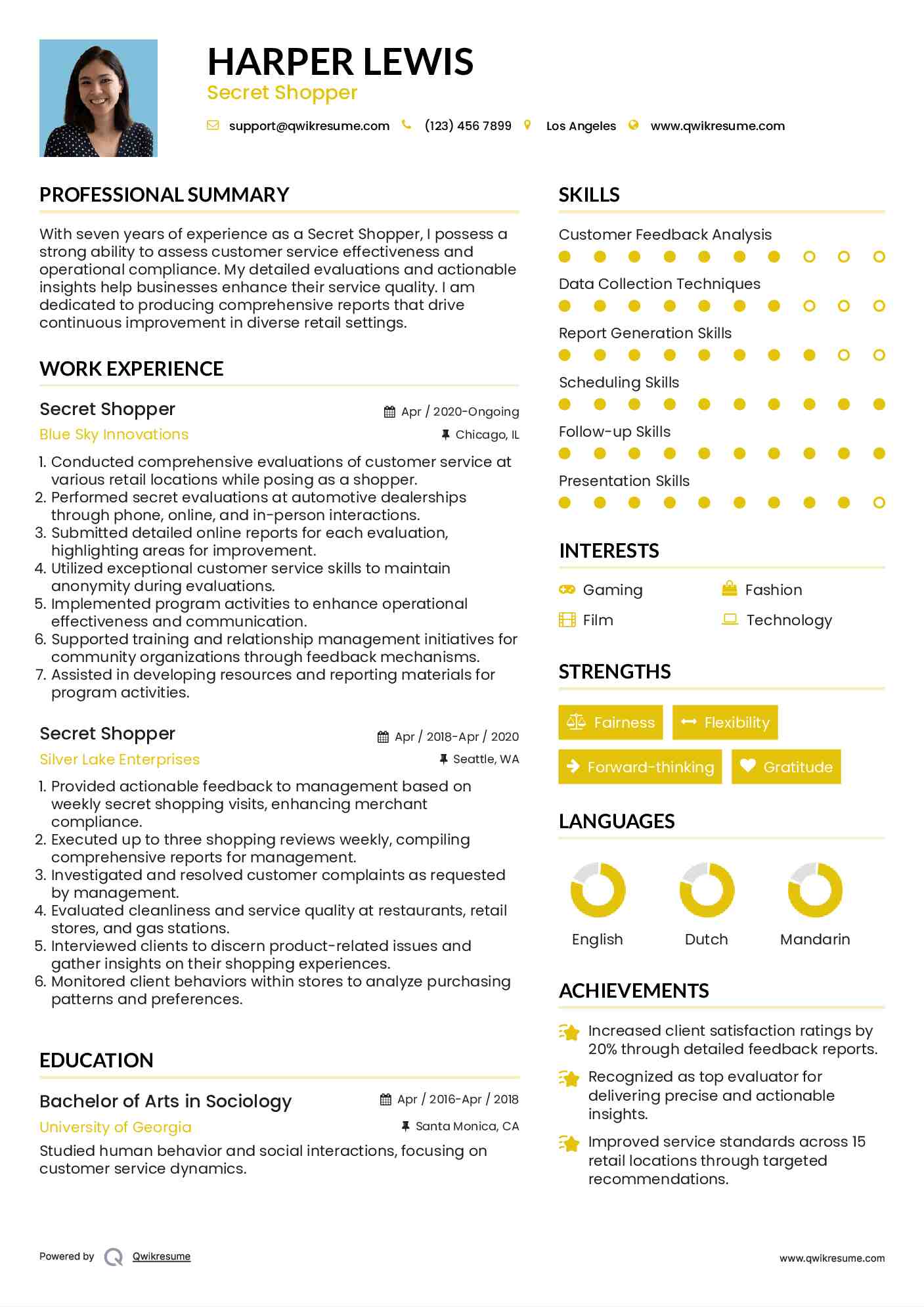 Secret Shopper Resume Sample