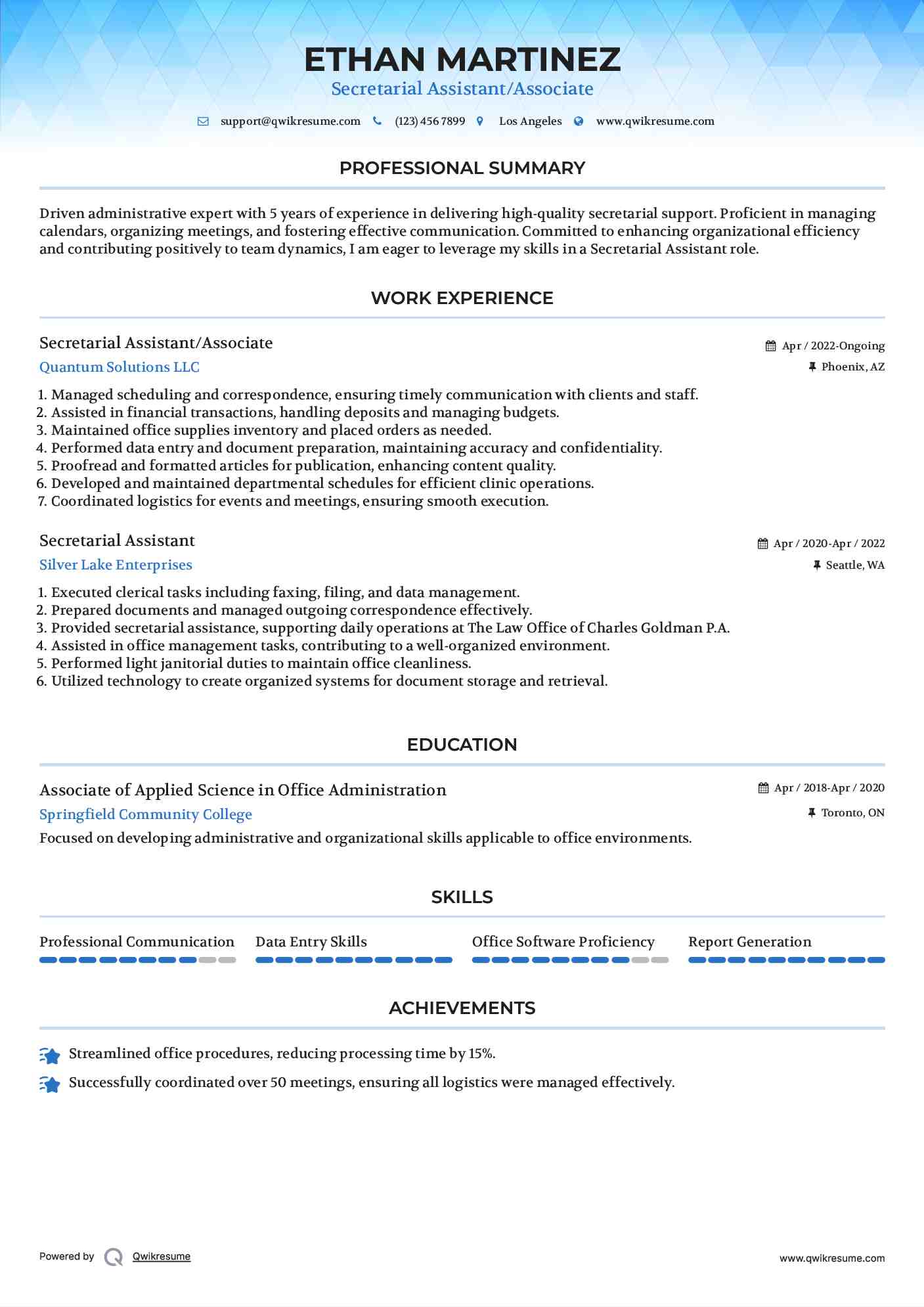 Secretarial Assistant/Associate Resume Format