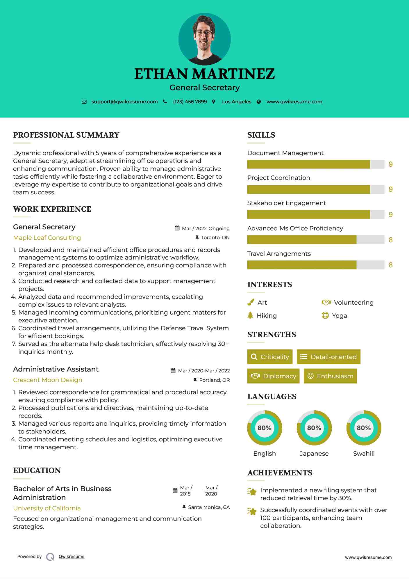 General Secretary Resume Example