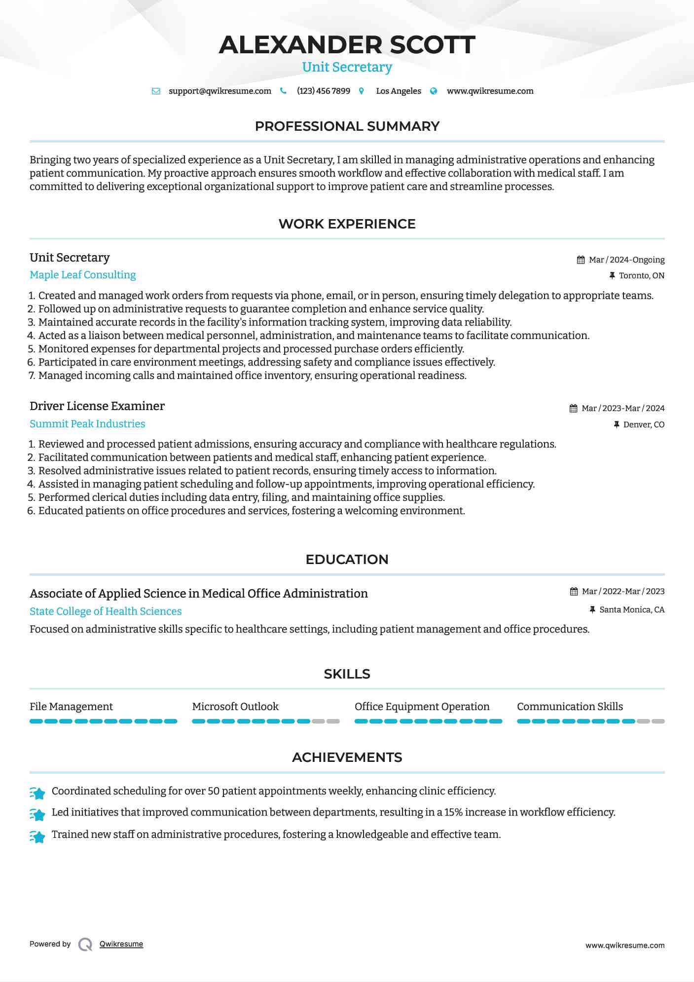 Unit Secretary Resume Example