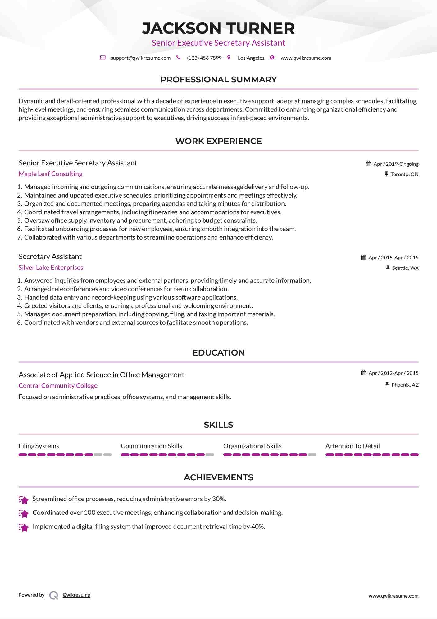 Senior Executive Secretary Assistant Resume Example