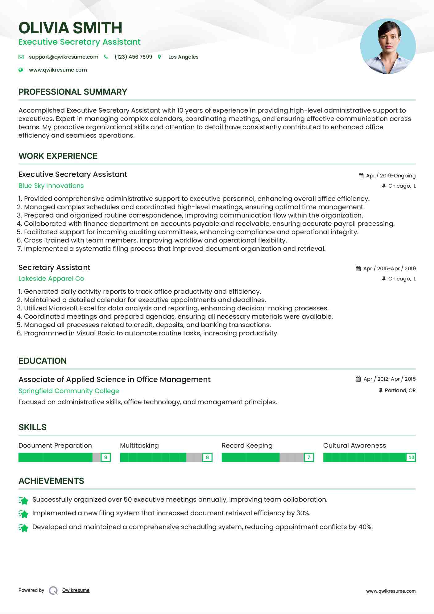 Executive Secretary Assistant Resume Sample