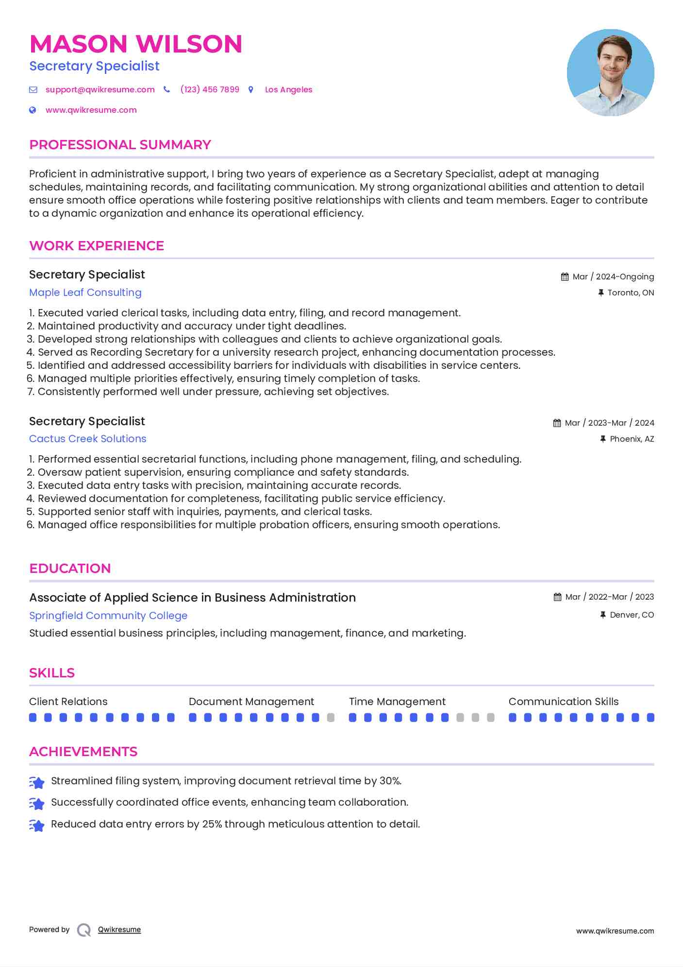 Secretary Specialist Resume Model