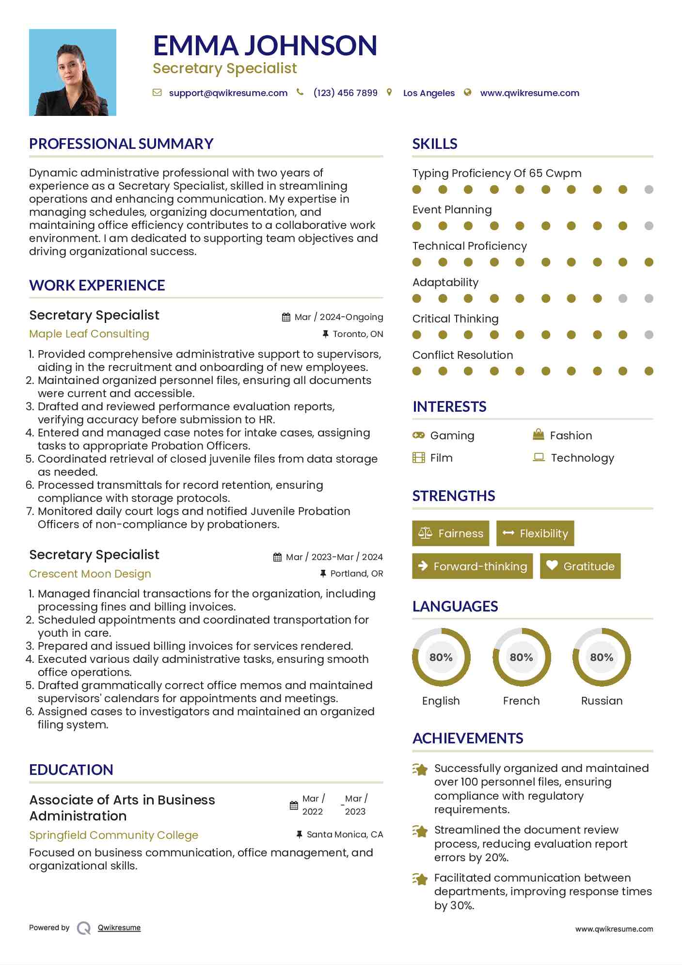 Secretary Specialist Resume Template