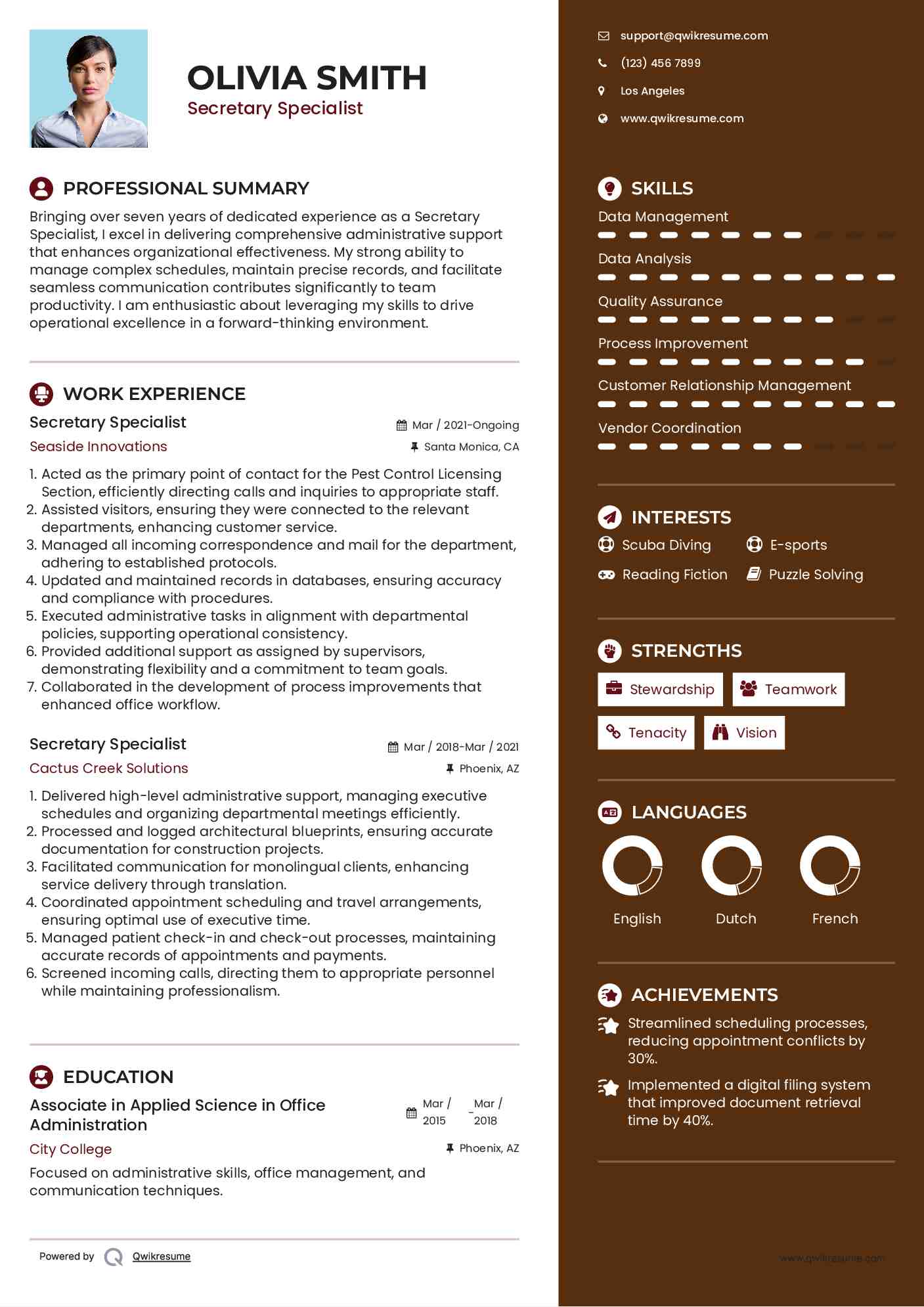 Secretary Specialist Resume Example