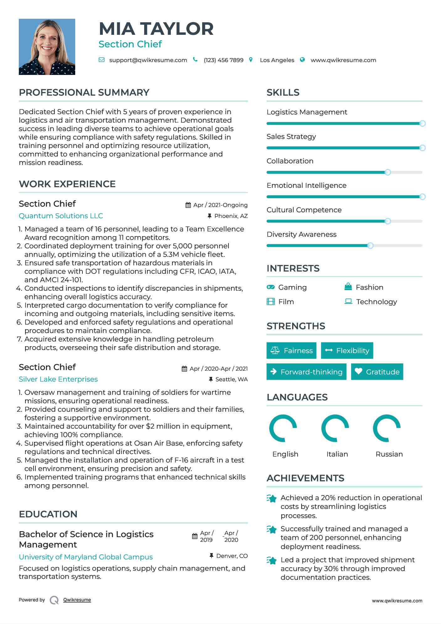Section Chief Resume Format