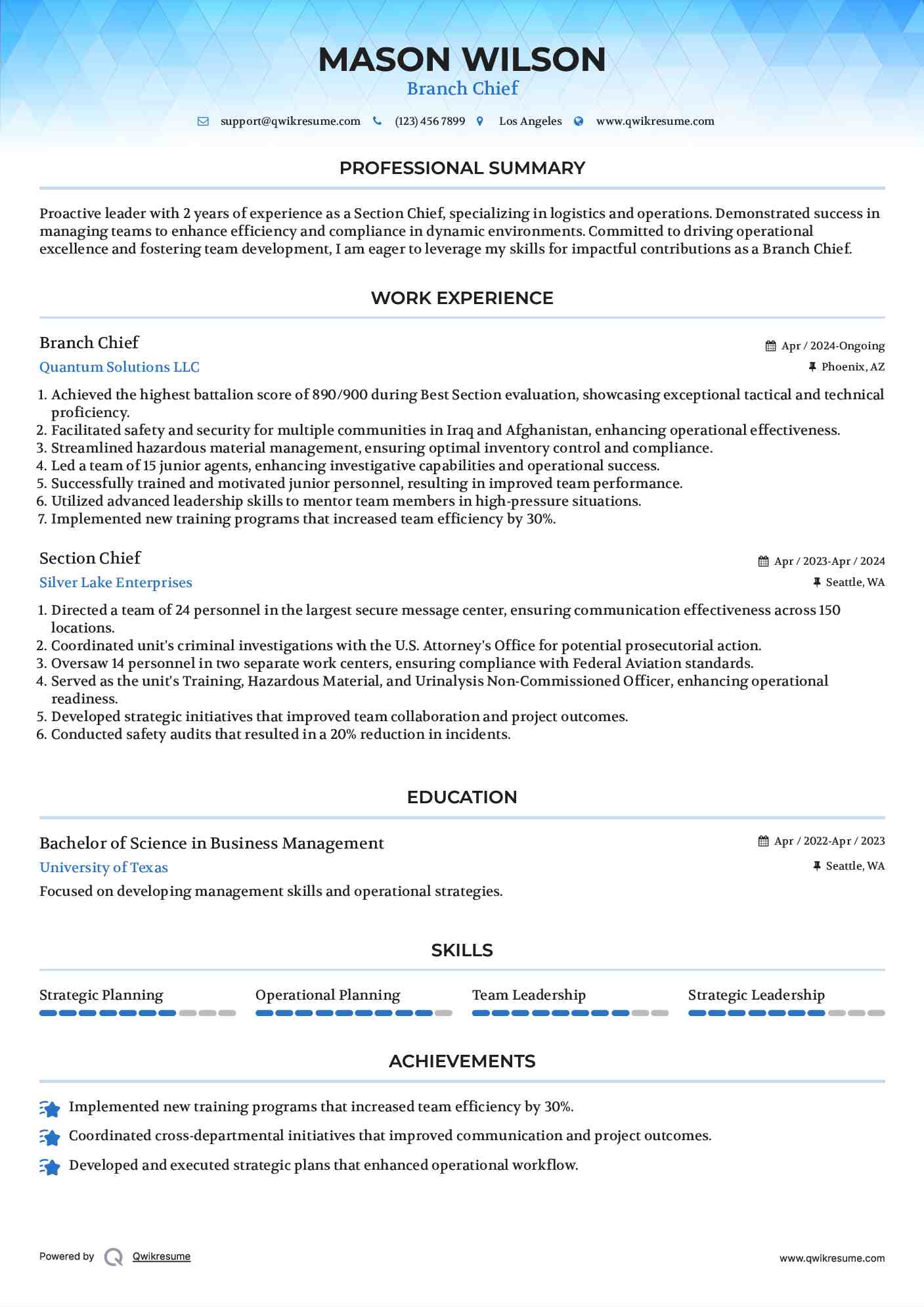 Section Chief Resume Samples QwikResume