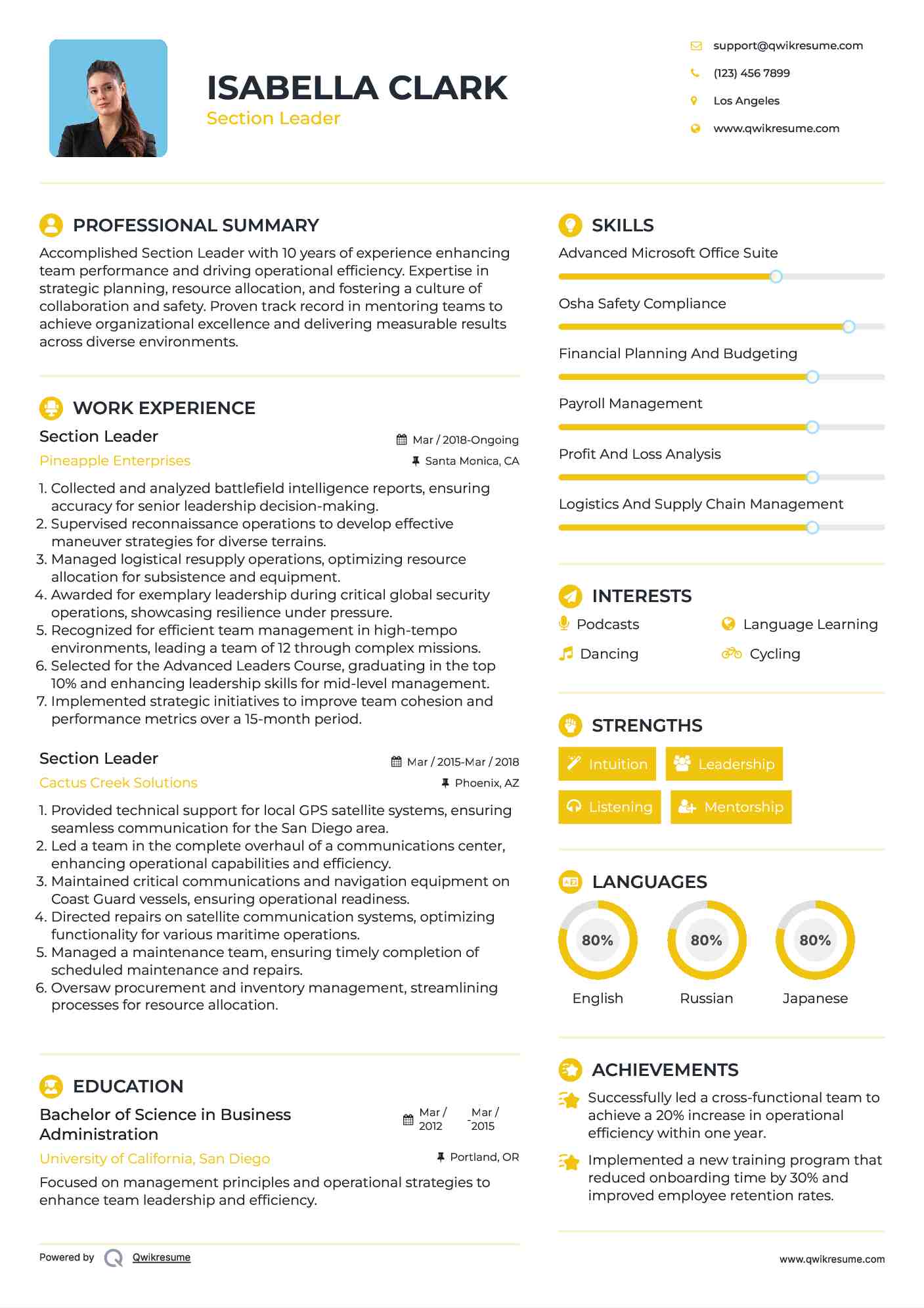 Section Leader Resume Template