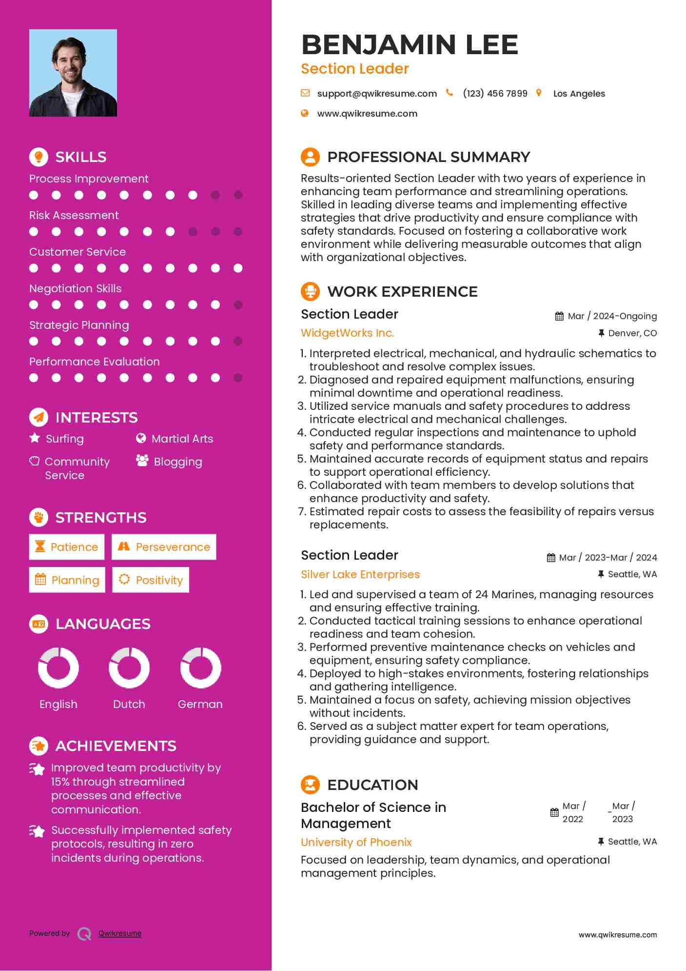 Section Leader Resume Model