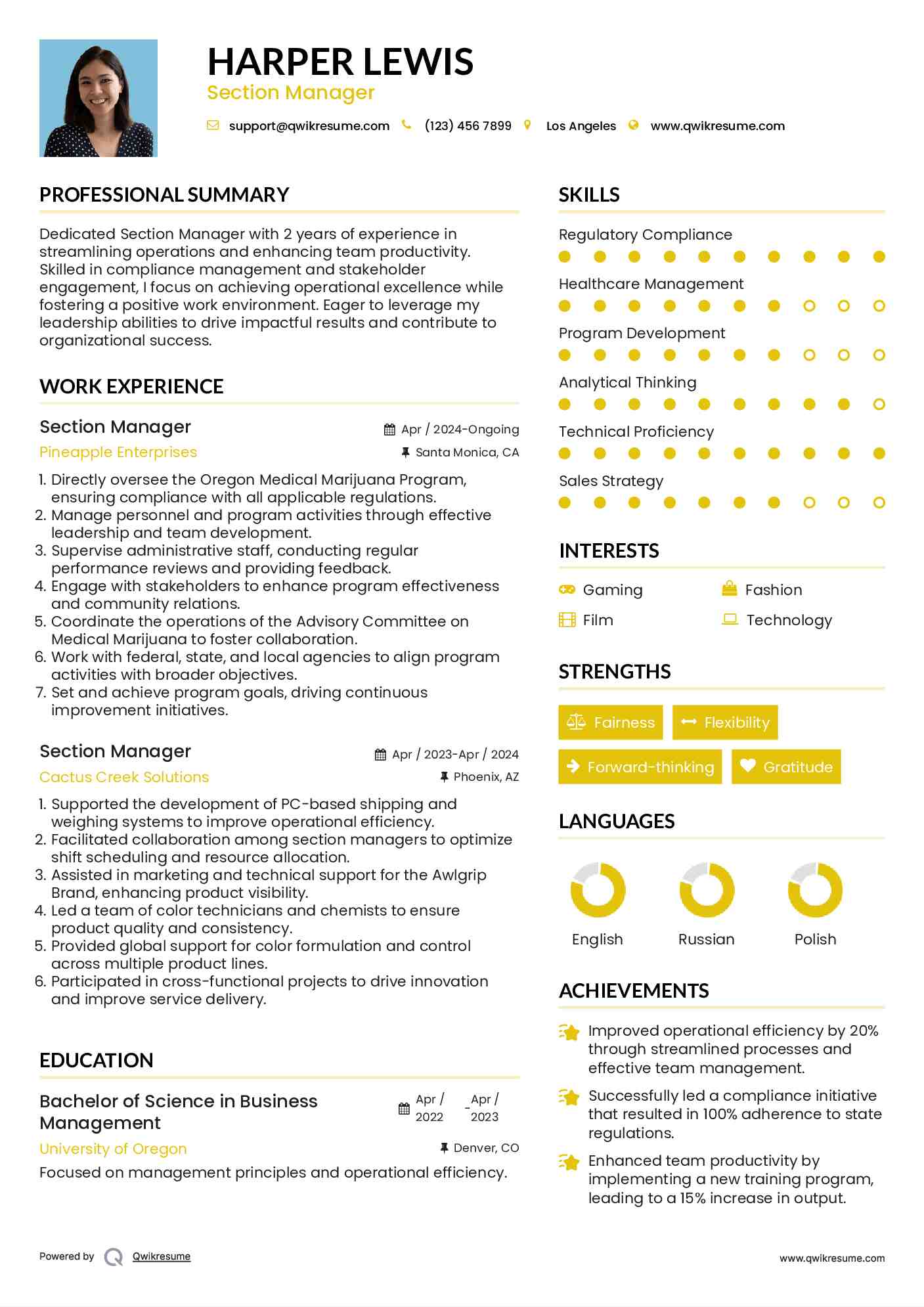 Section Manager Resume Example