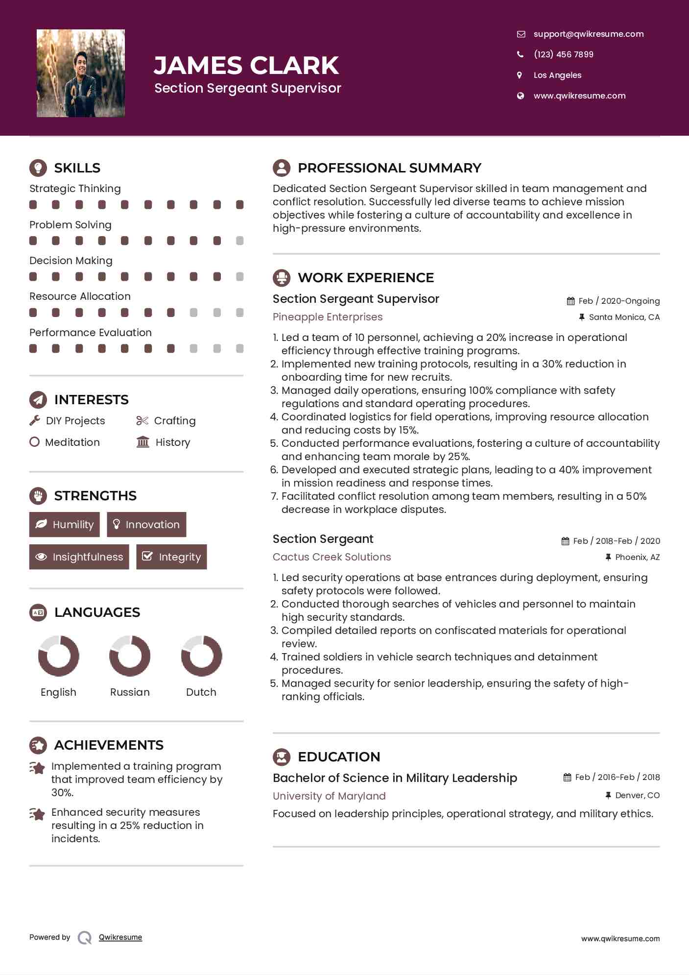 Section Sergeant Supervisor Resume Model