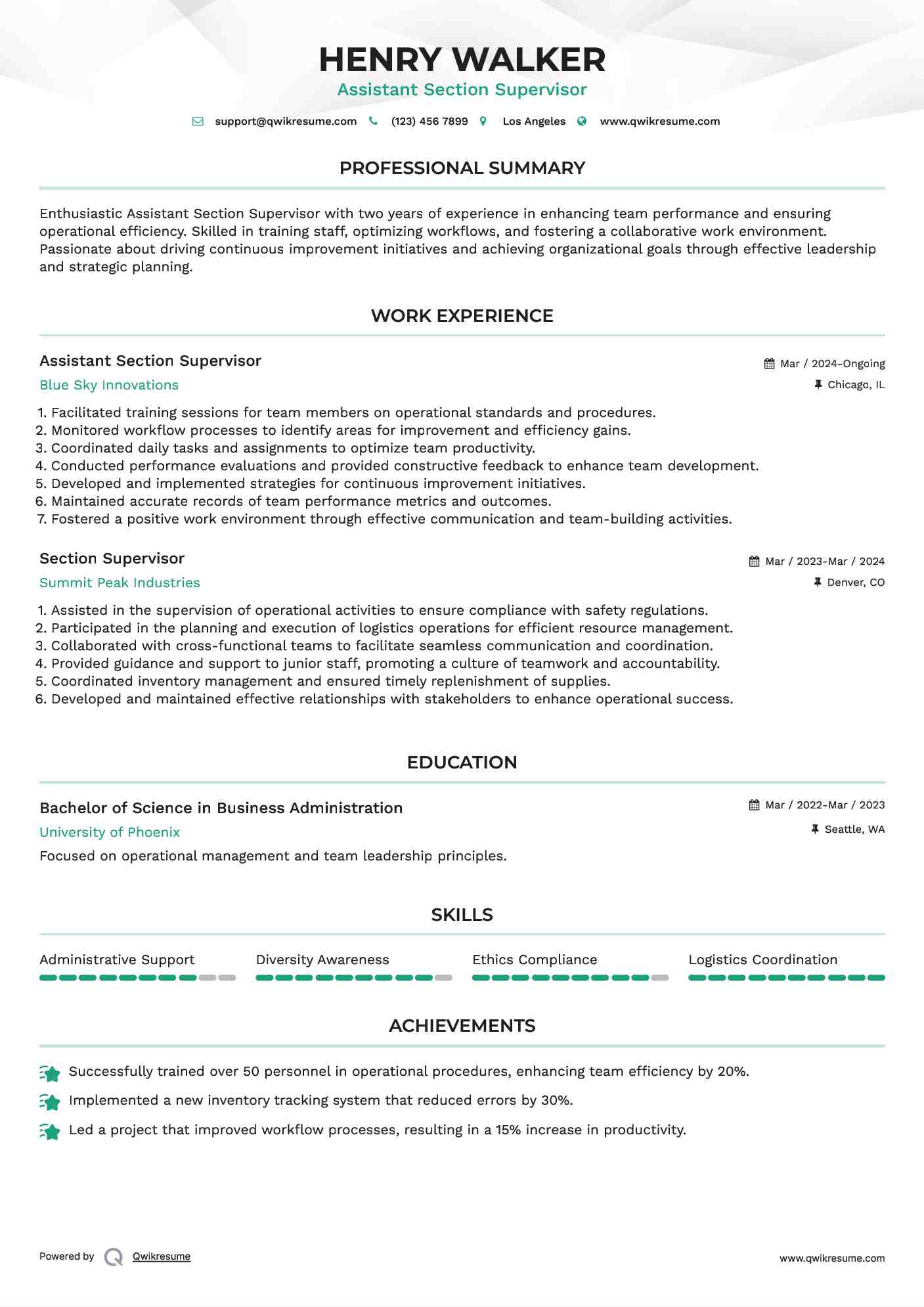 Assistant Section Supervisor Resume Sample