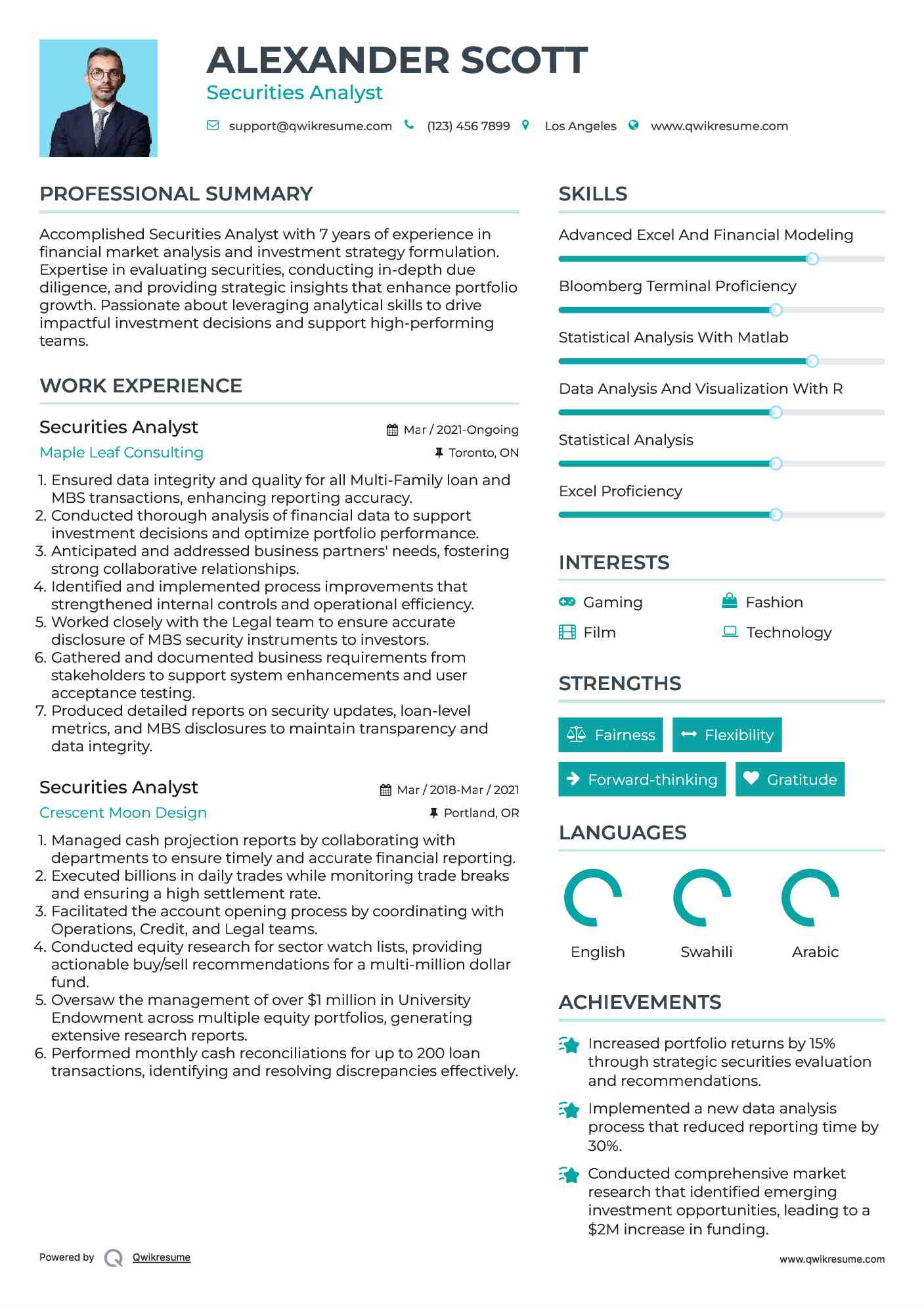 Securities Analyst Resume Sample