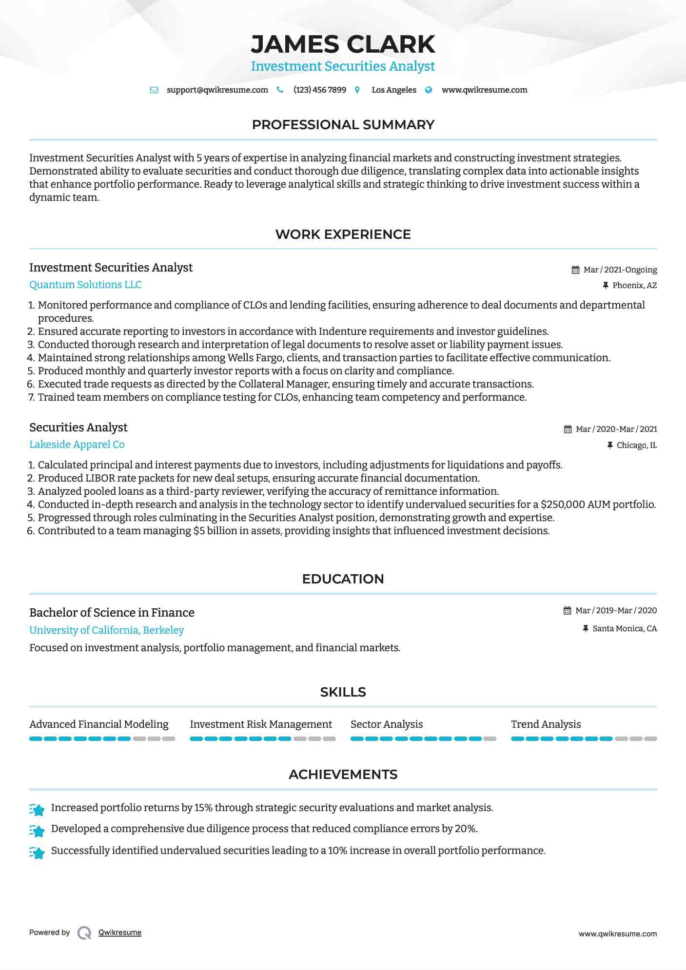 Investment Securities Analyst Resume Sample