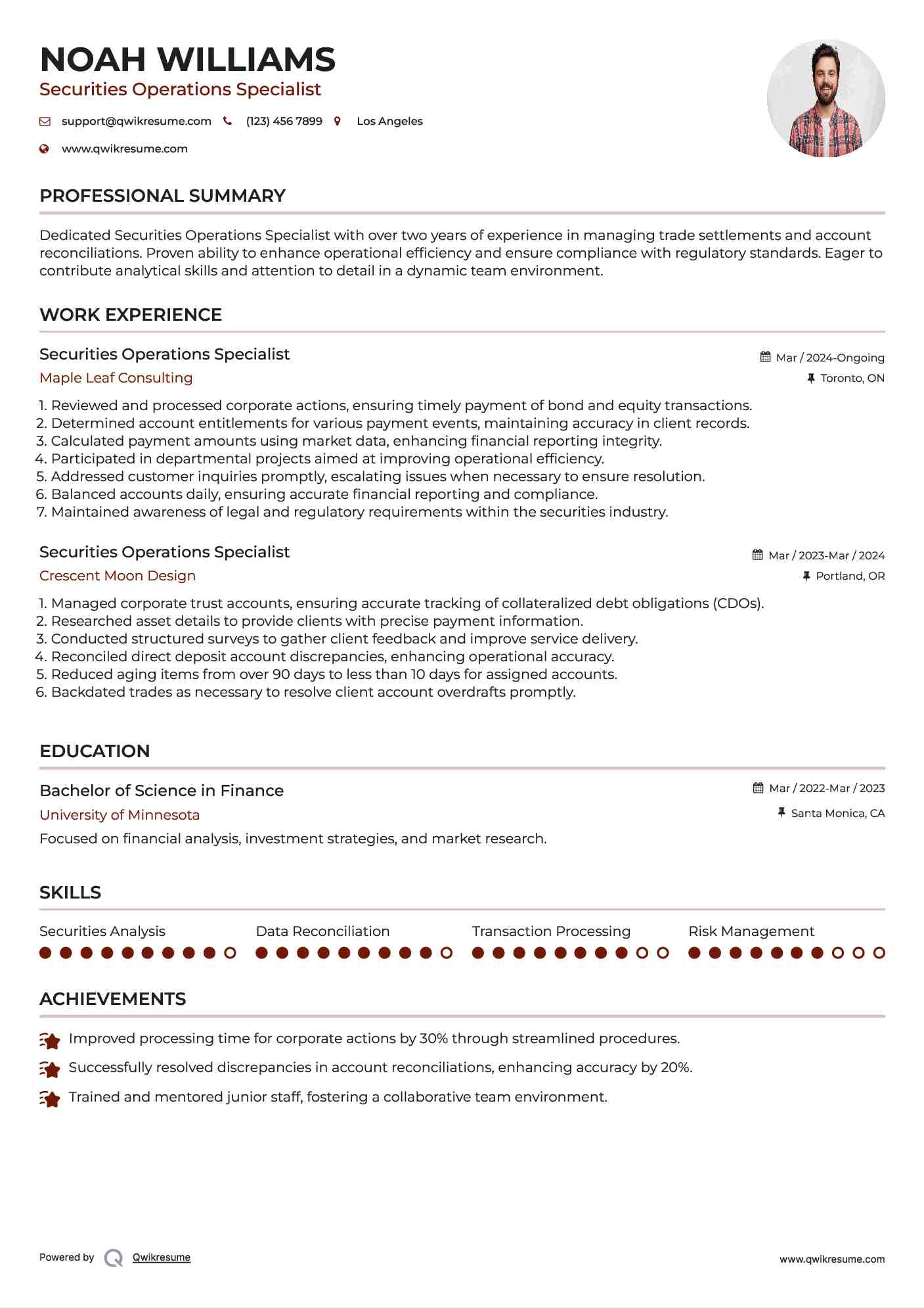 Securities Operations Specialist Resume Template