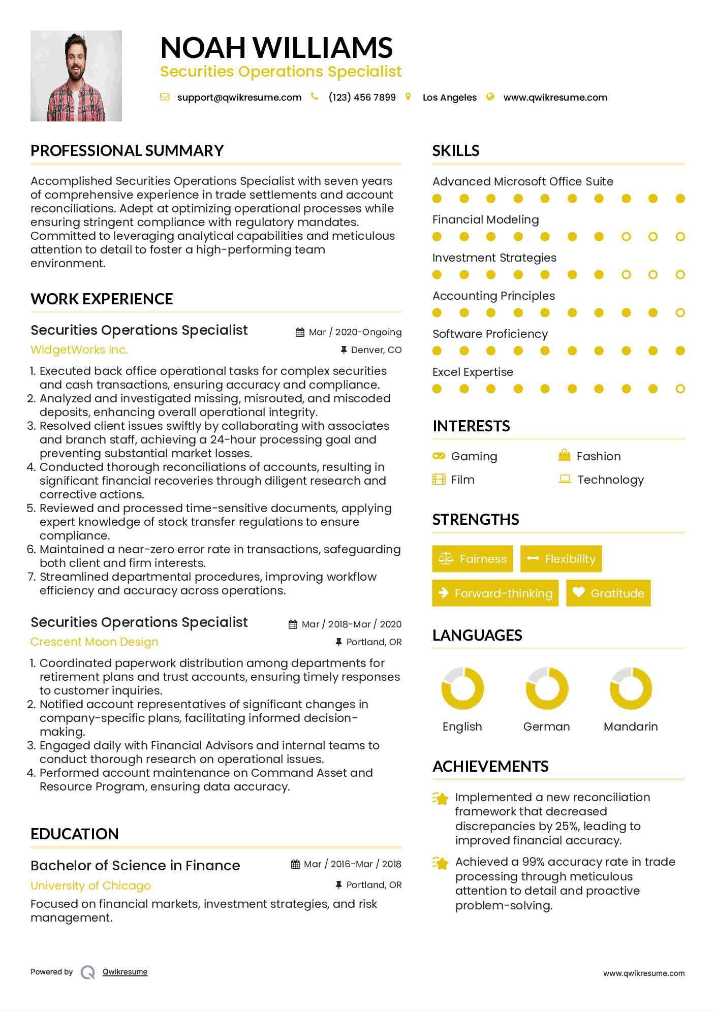 Securities Operations Specialist Resume Example