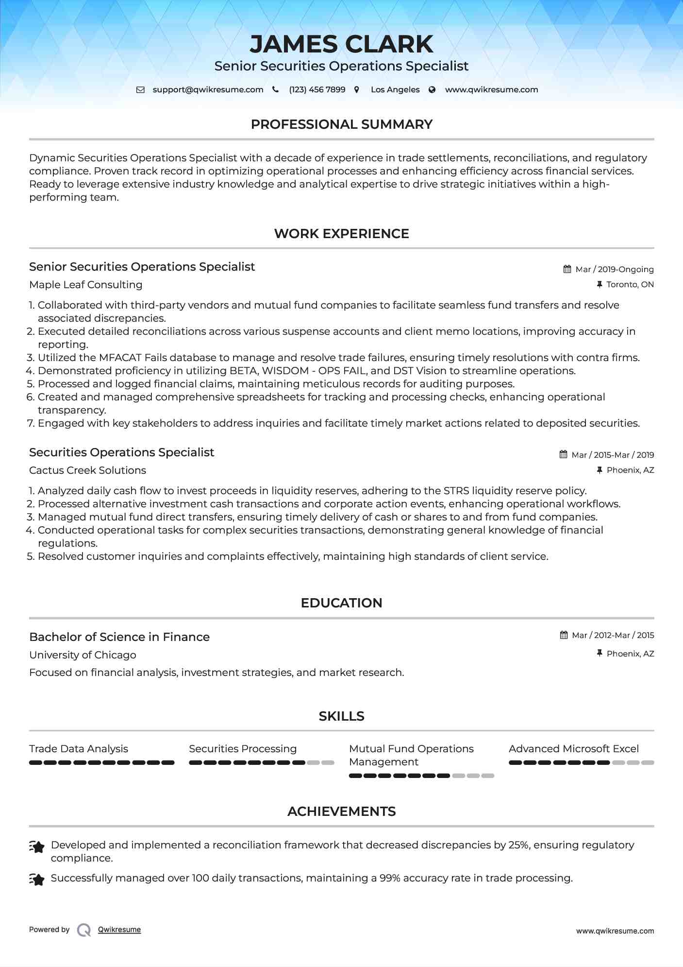 Senior Securities Operations Specialist Resume Example