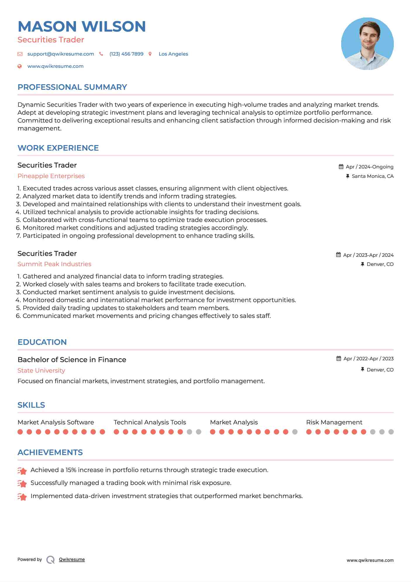 Securities Trader Resume Format