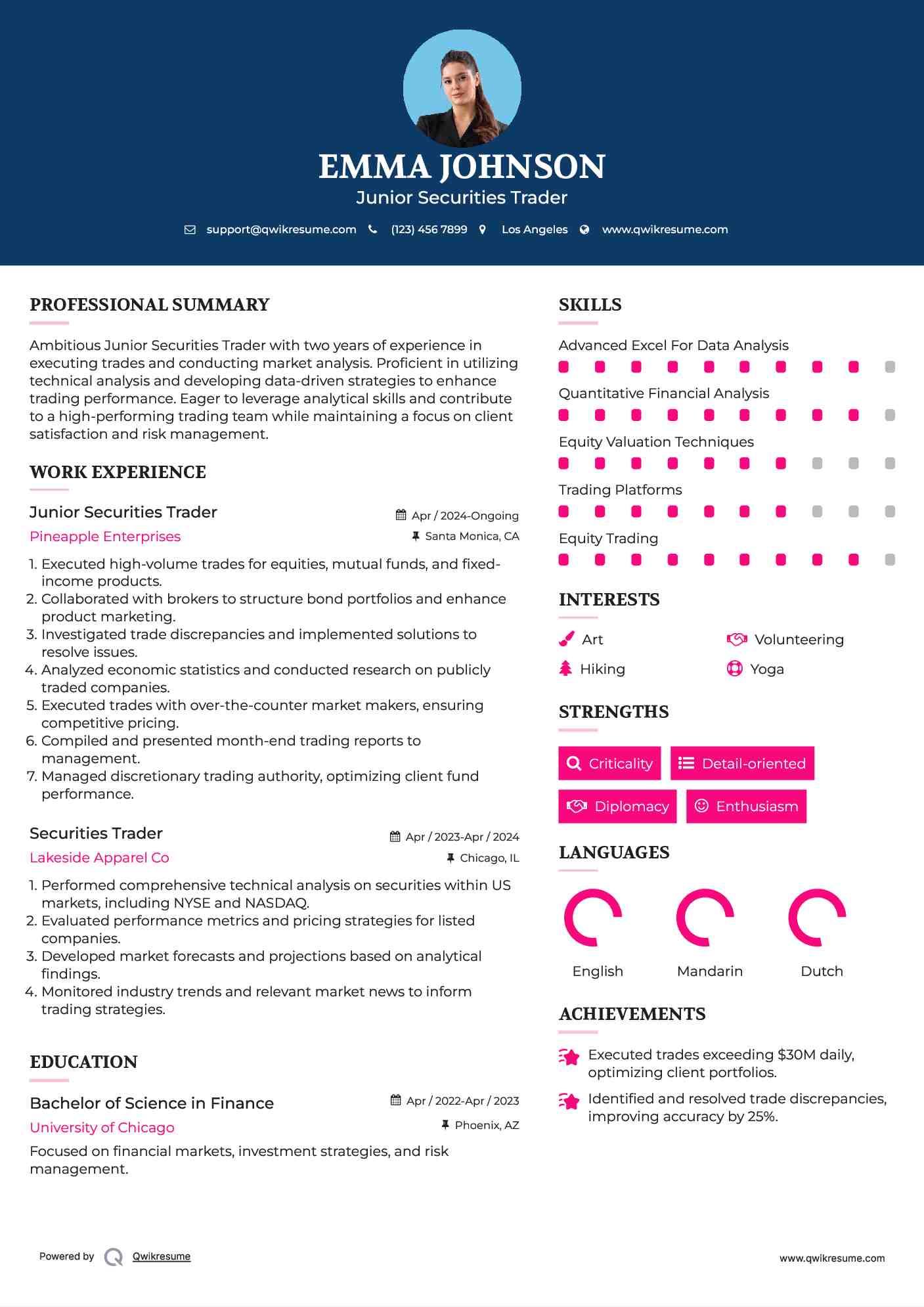 Junior Securities Trader Resume Template