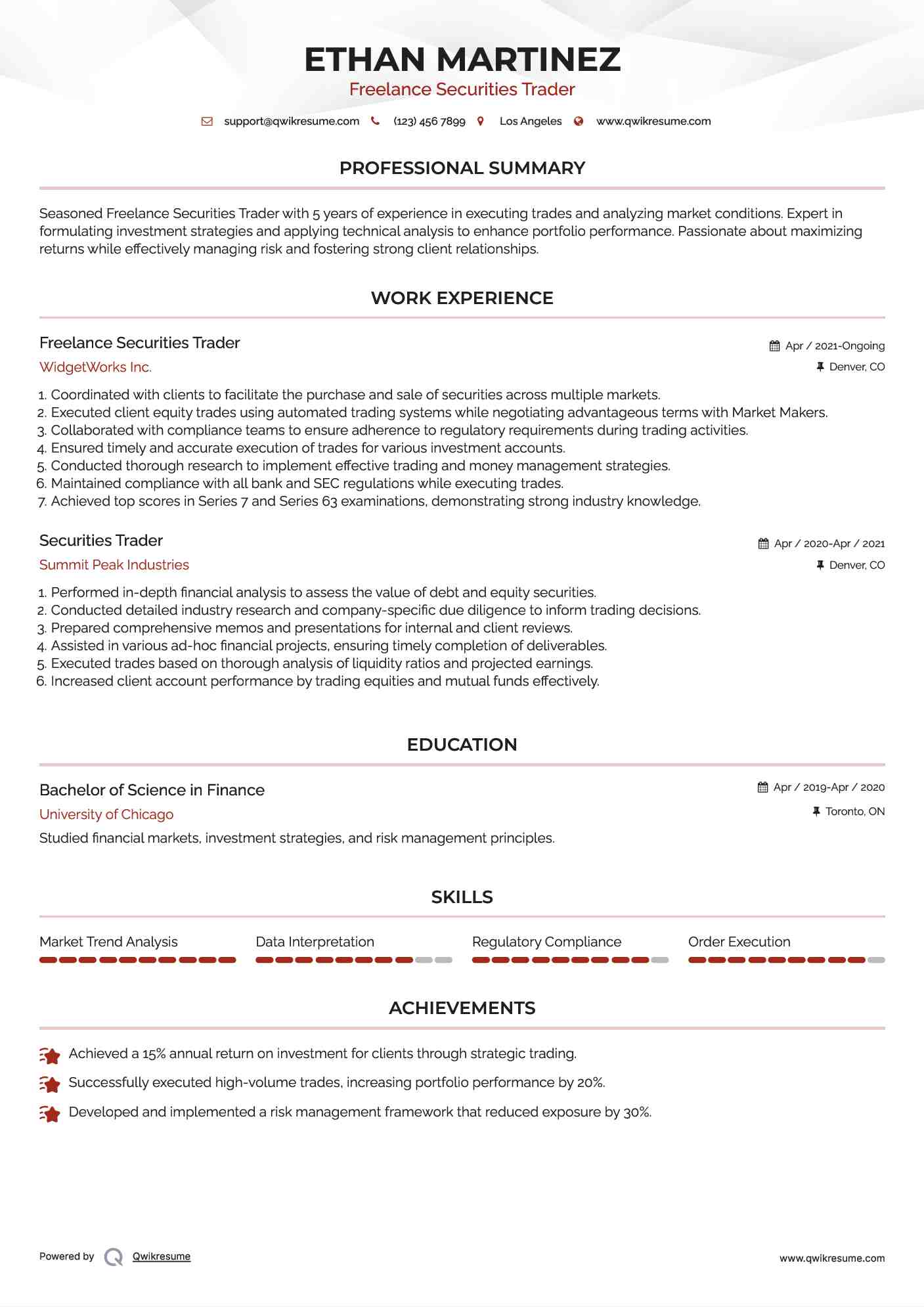 Freelance Securities Trader Resume Model