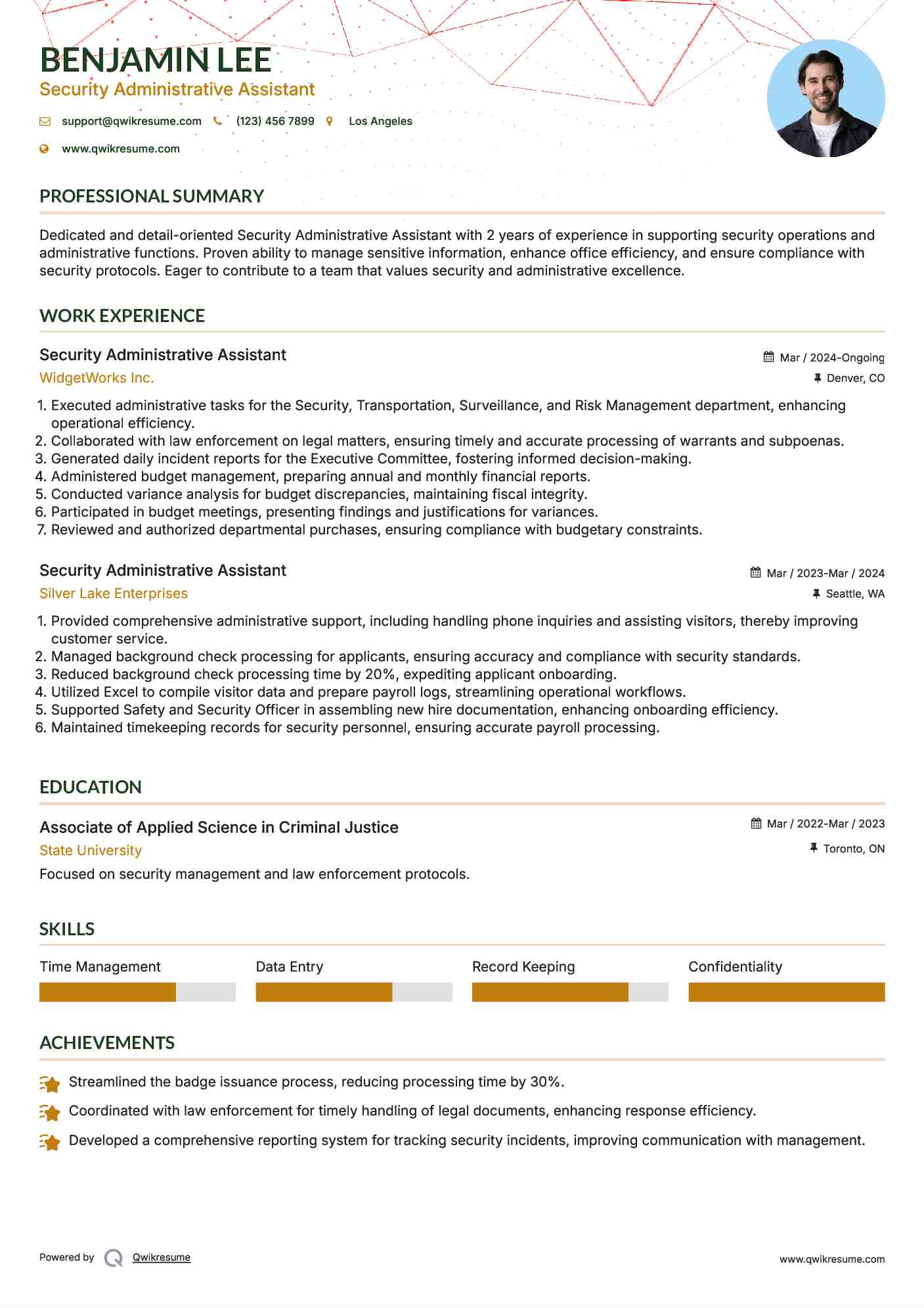 Security Administrative Assistant Resume Template