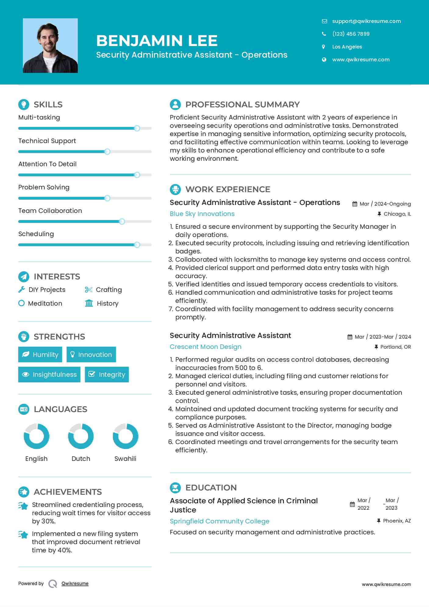 Security Administrative Assistant - Operations Resume Model