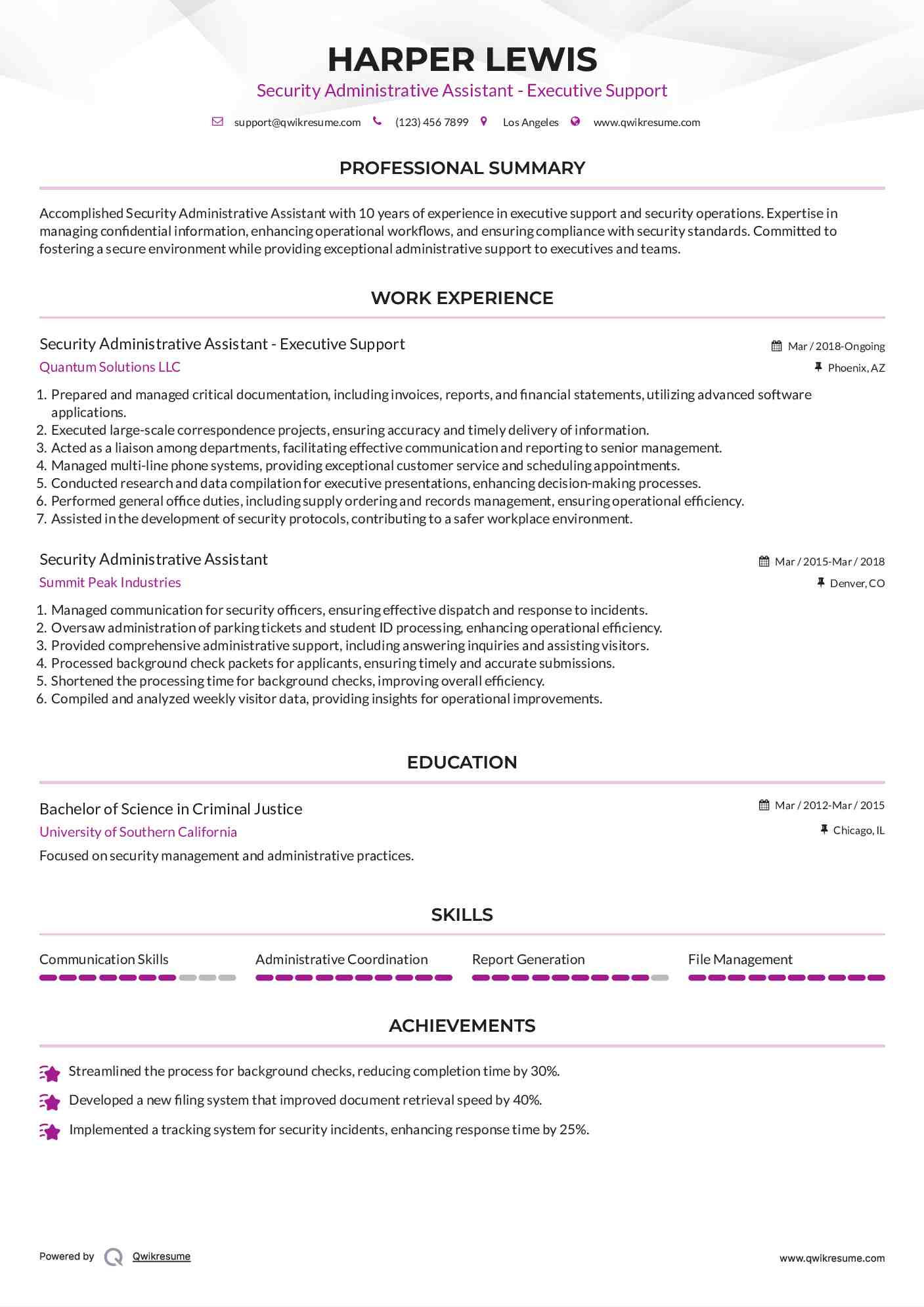 Security Administrative Assistant - Executive Support Resume Model