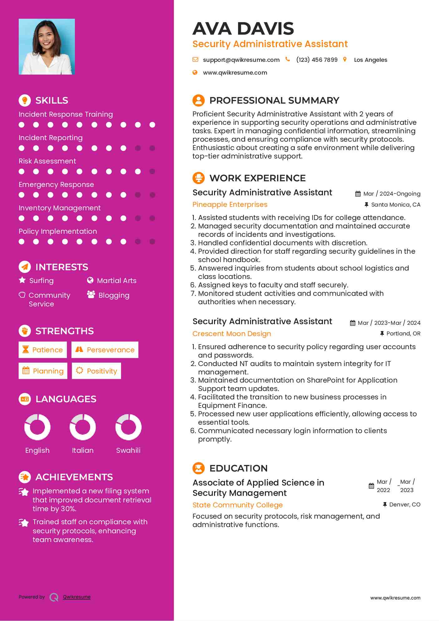 Security Administrative Assistant Resume Template