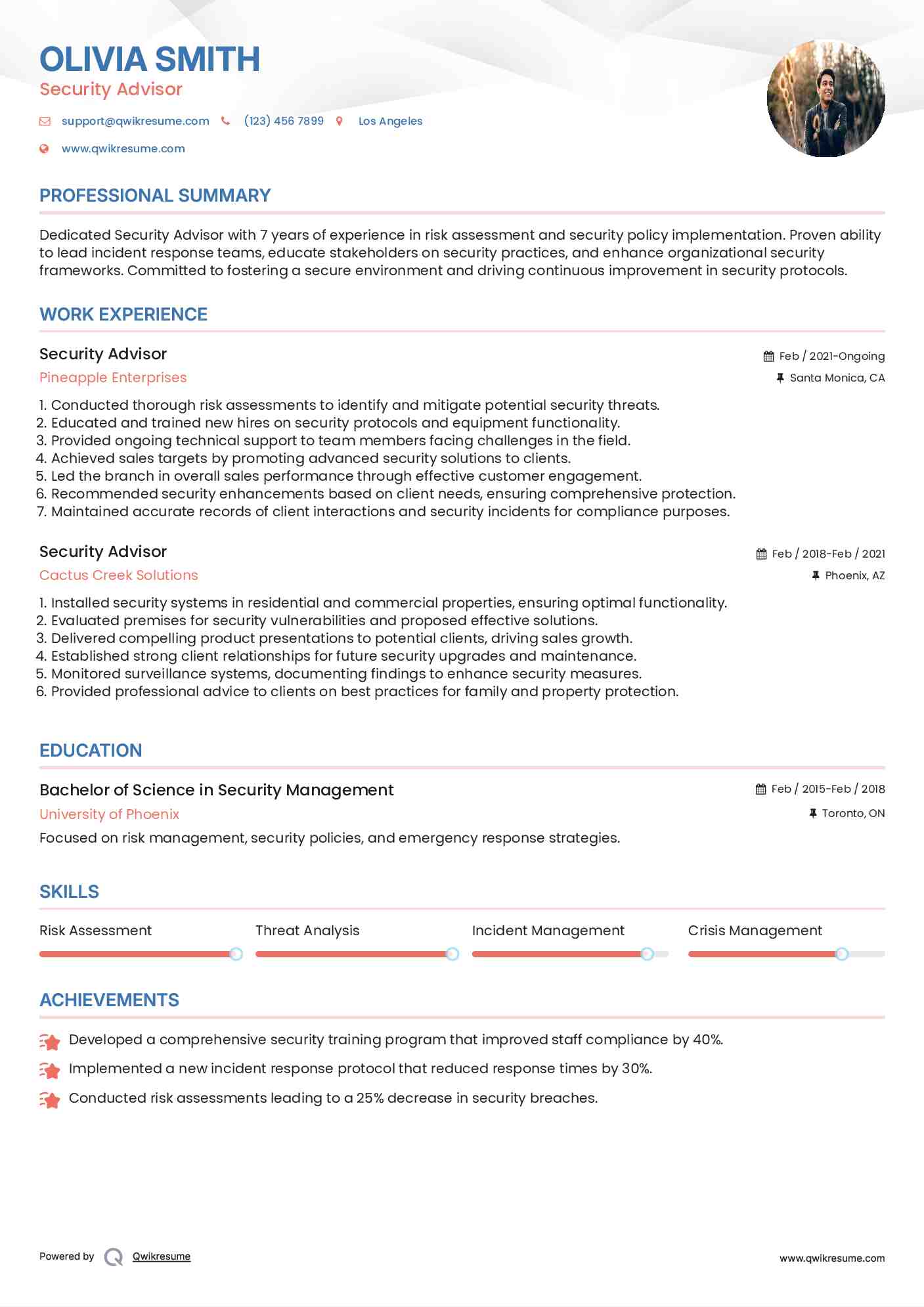 Security Advisor Resume Example