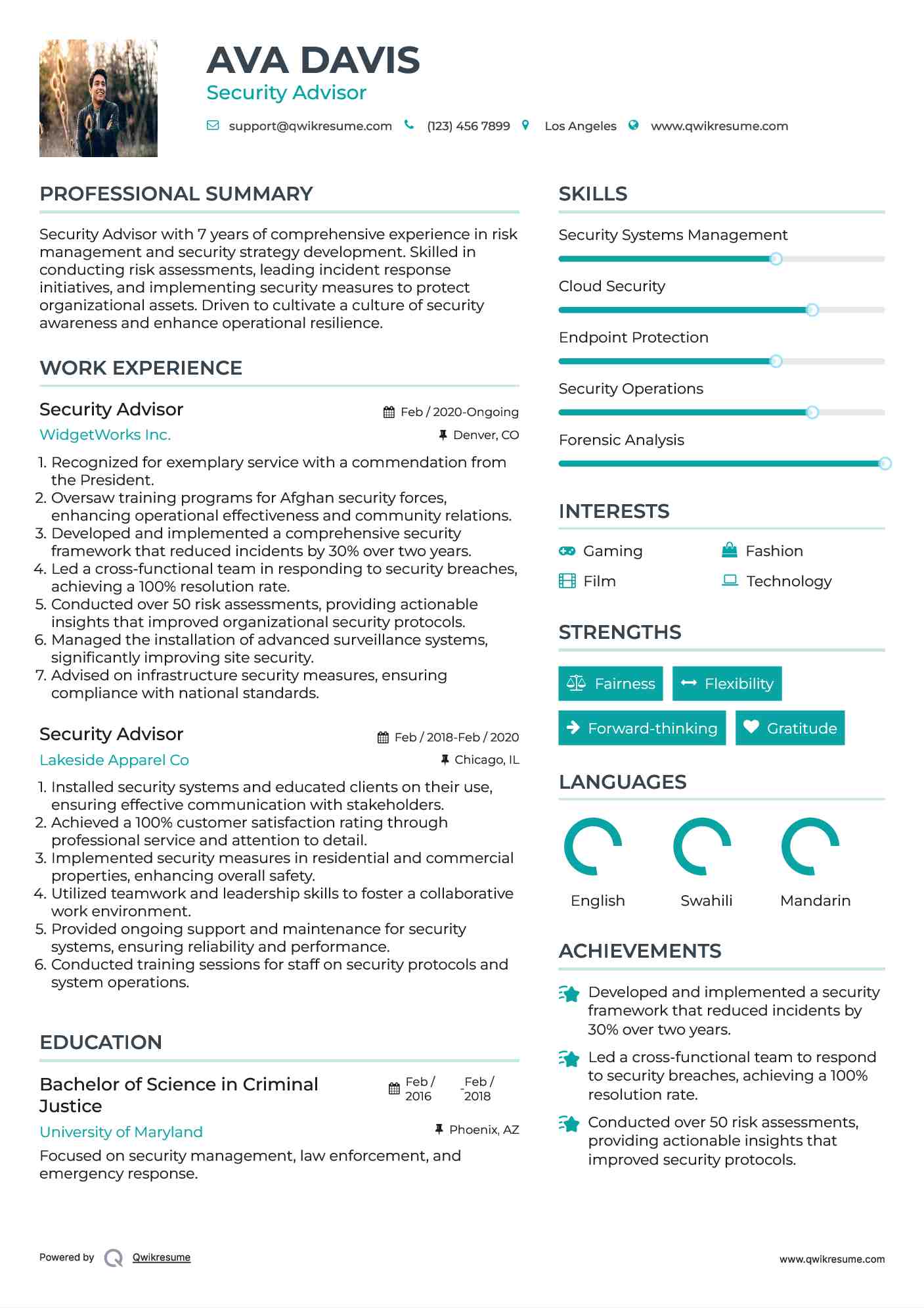 Security Advisor Resume Example